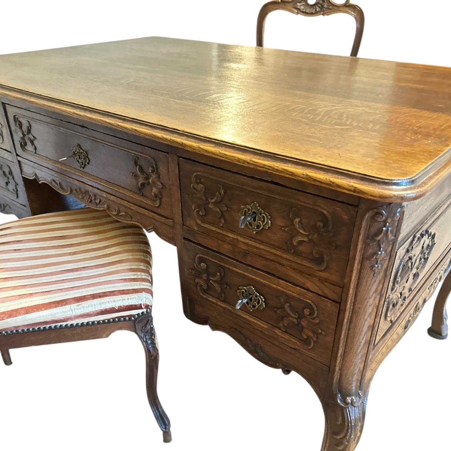 Antique French Louis XV Style Carved Oak Writing Desk