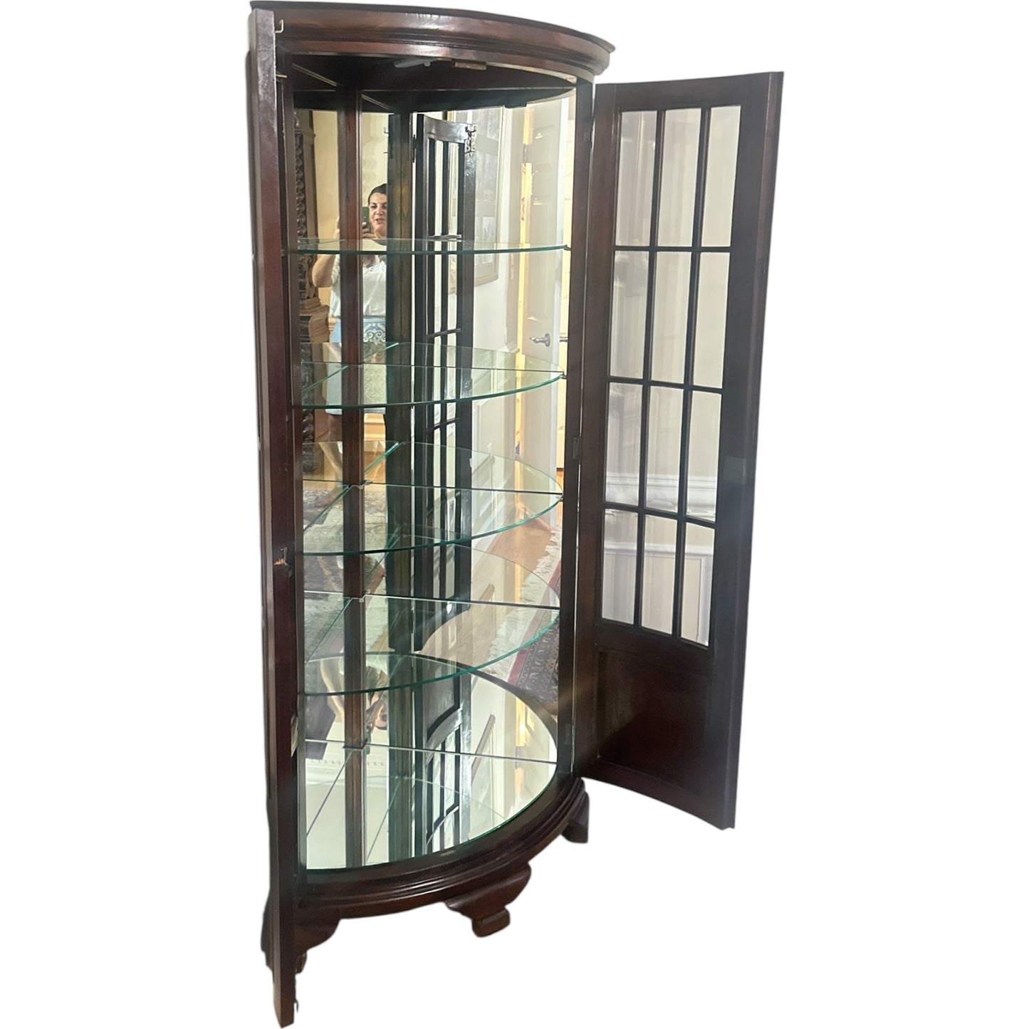 Antique Bowfront Mahogany Glass Curio Cabinet with Mirrored Back