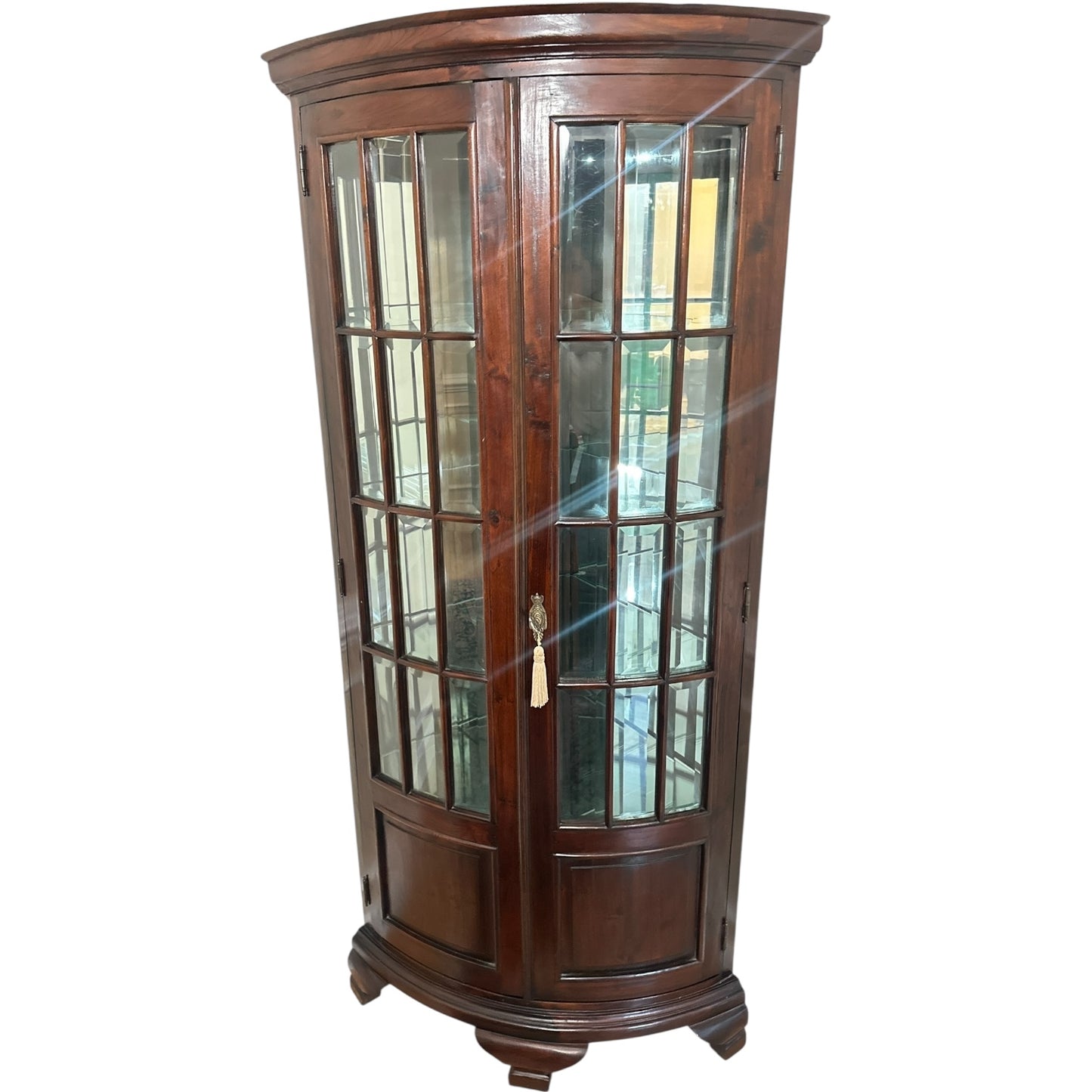 Antique Bowfront Mahogany Glass Curio Cabinet with Mirrored Back