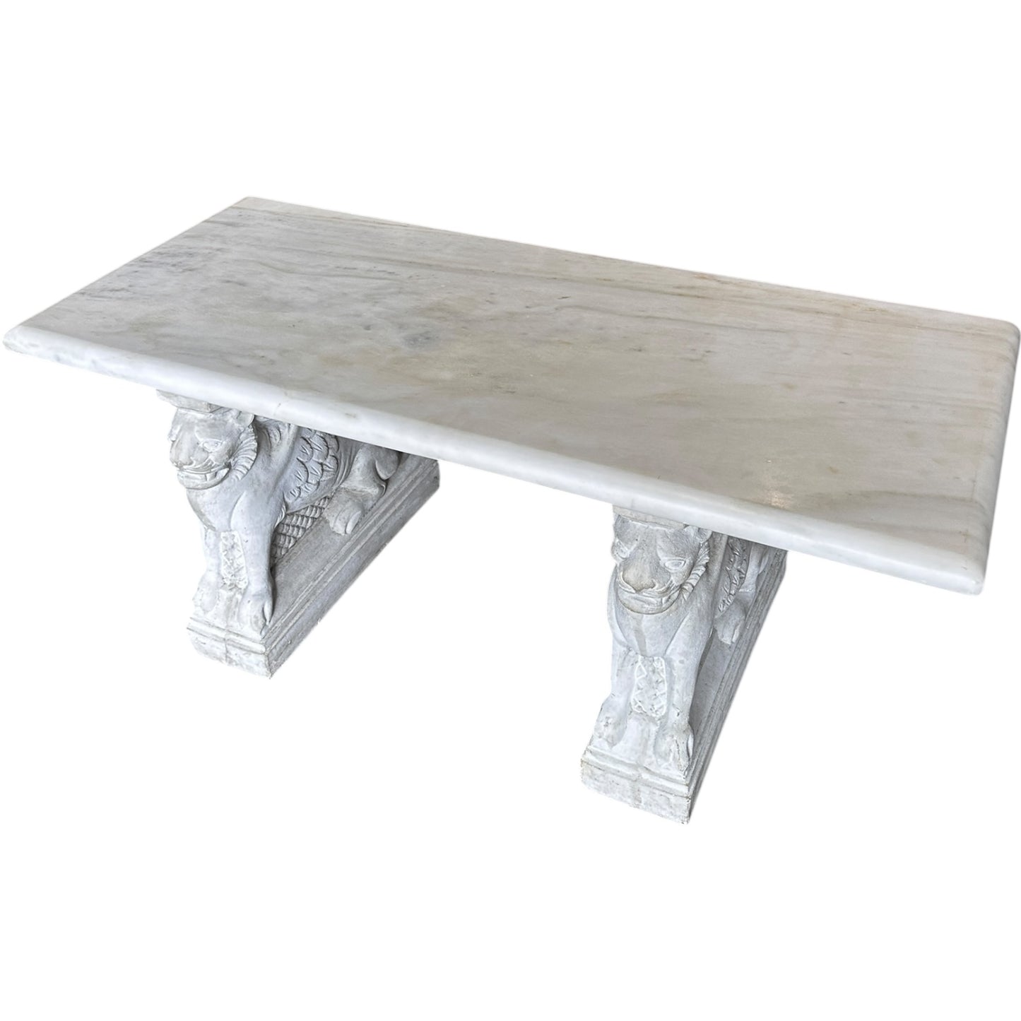 Antique Italian Carrara Marble Bench With Carved Stone Winged Lion Bases