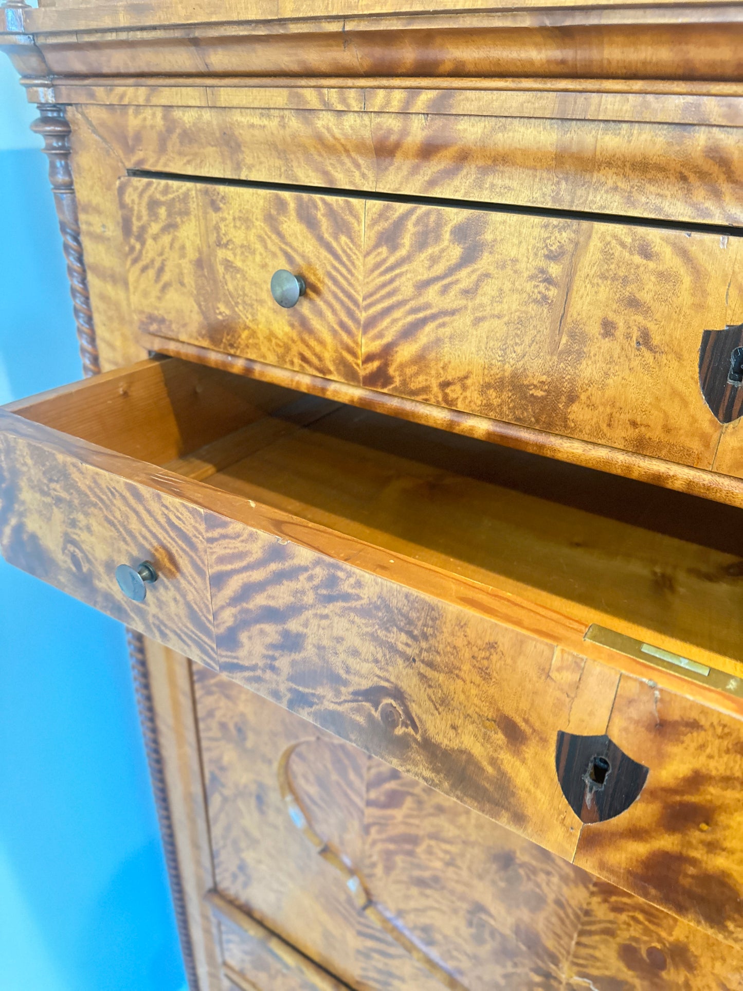 Stunning Antique Biedermeier Flame Birch Secretary Chest – Circa 1830