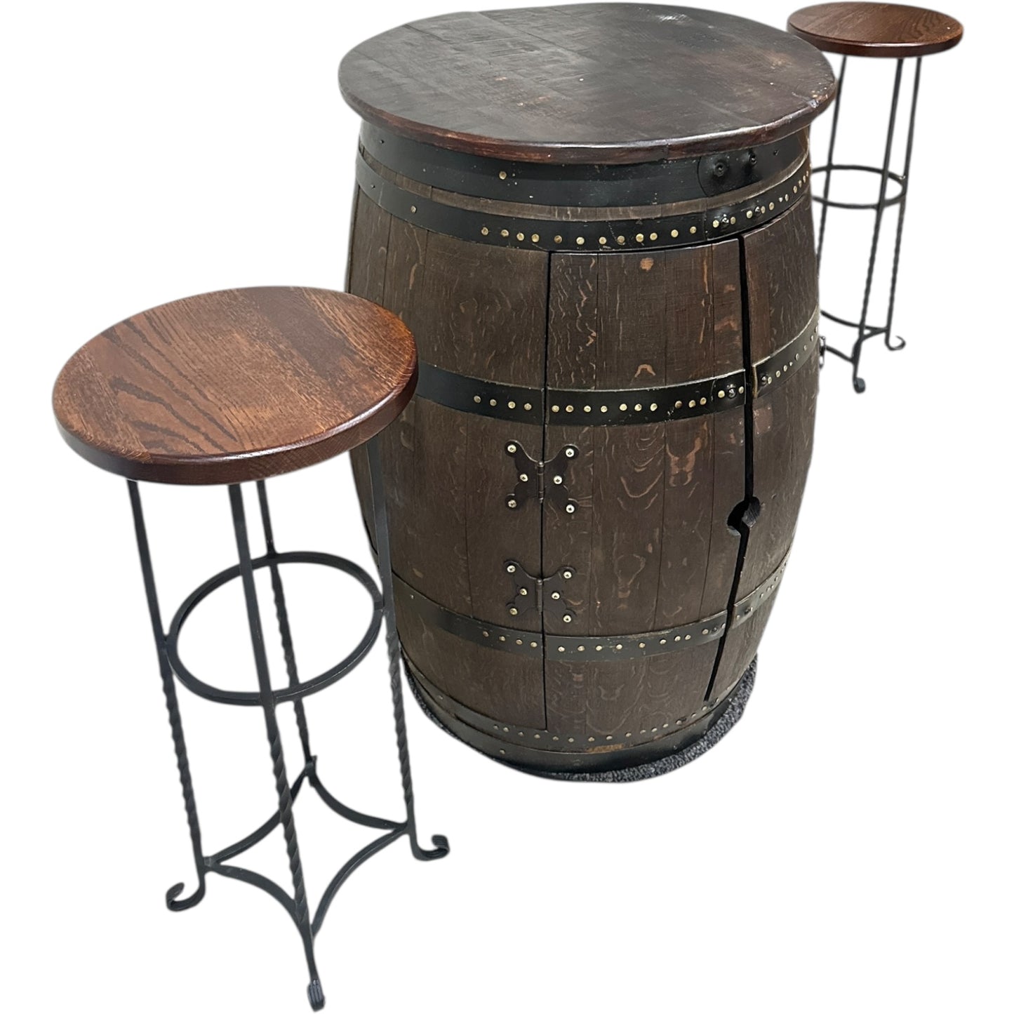 Antique Bordeaux Wine Barrel Table with Stools & Hidden Storage