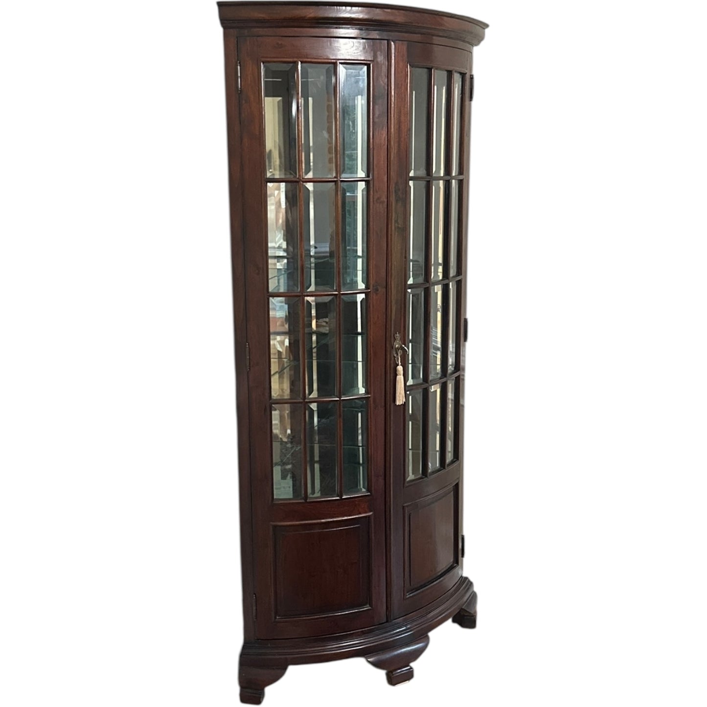Antique Bowfront Mahogany Glass Curio Cabinet with Mirrored Back