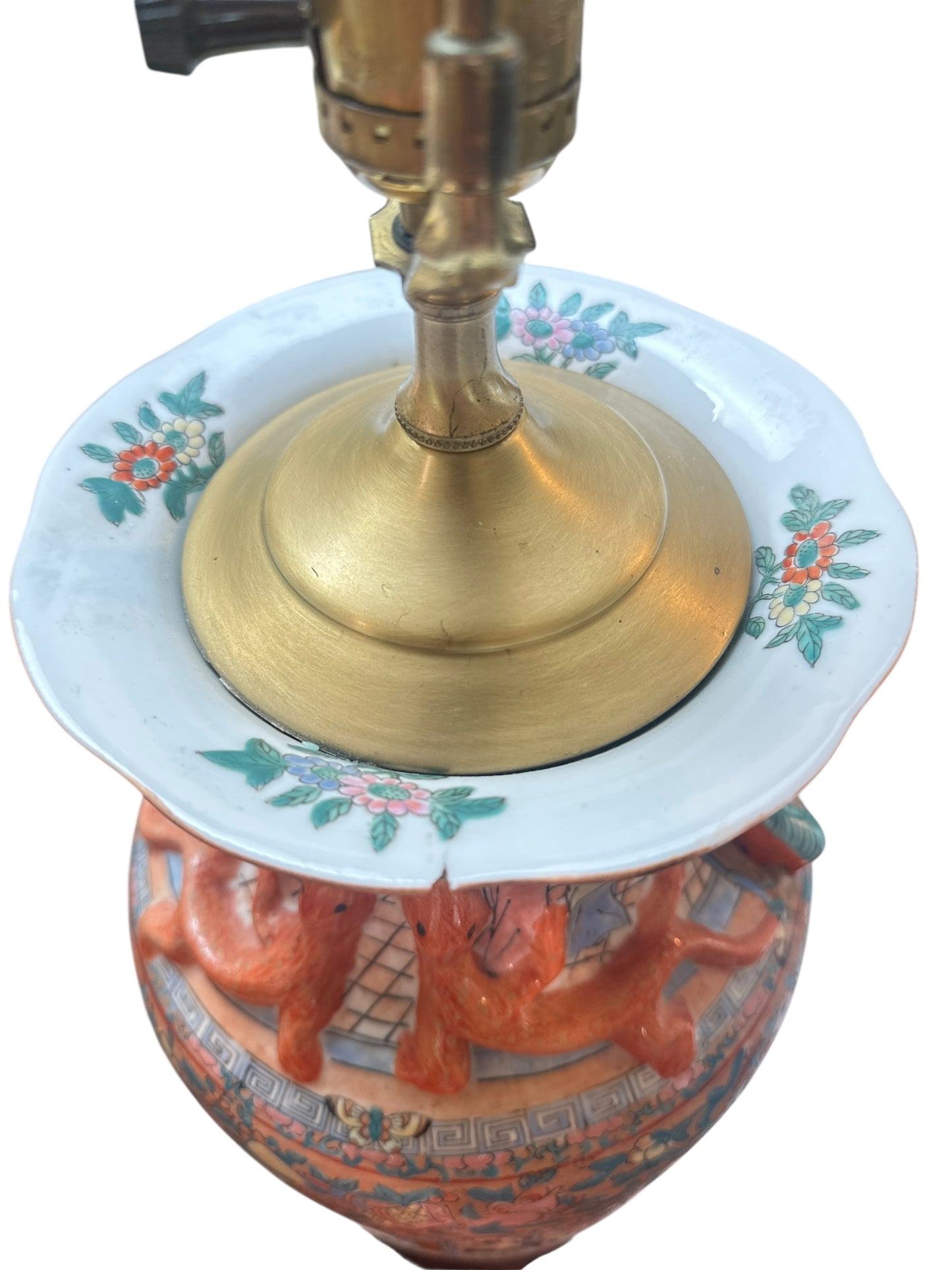Pair of Vintage Chinese Famille Rose Porcelain Lamps with Figural Foo Dog Handles