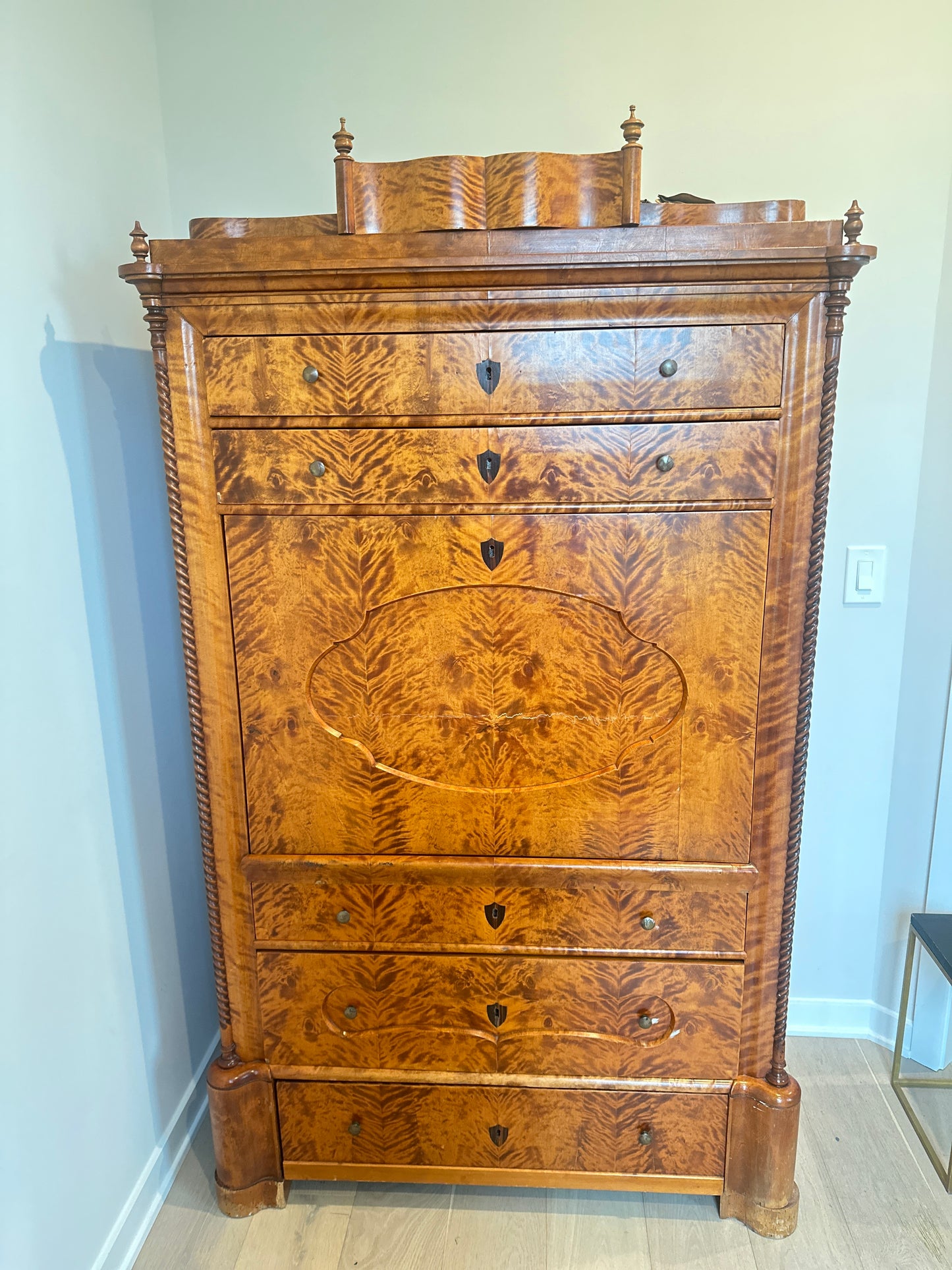 Stunning Antique Biedermeier Flame Birch Secretary Chest – Circa 1830