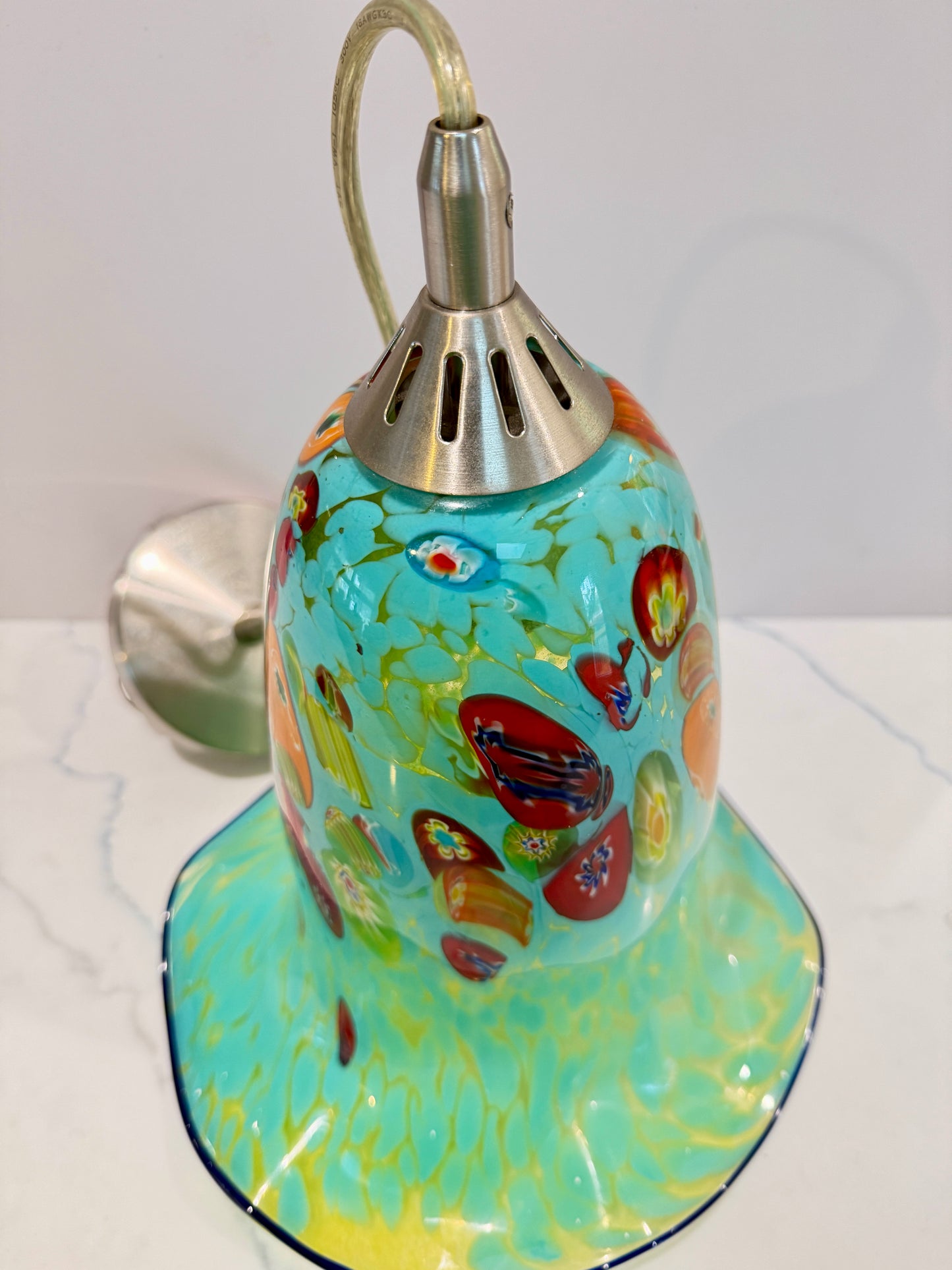 Handblown Murano Glass Pendant Light – Aqua Millefiori Bell Shade with Nickel Mount – Italian Art Glass Lighting