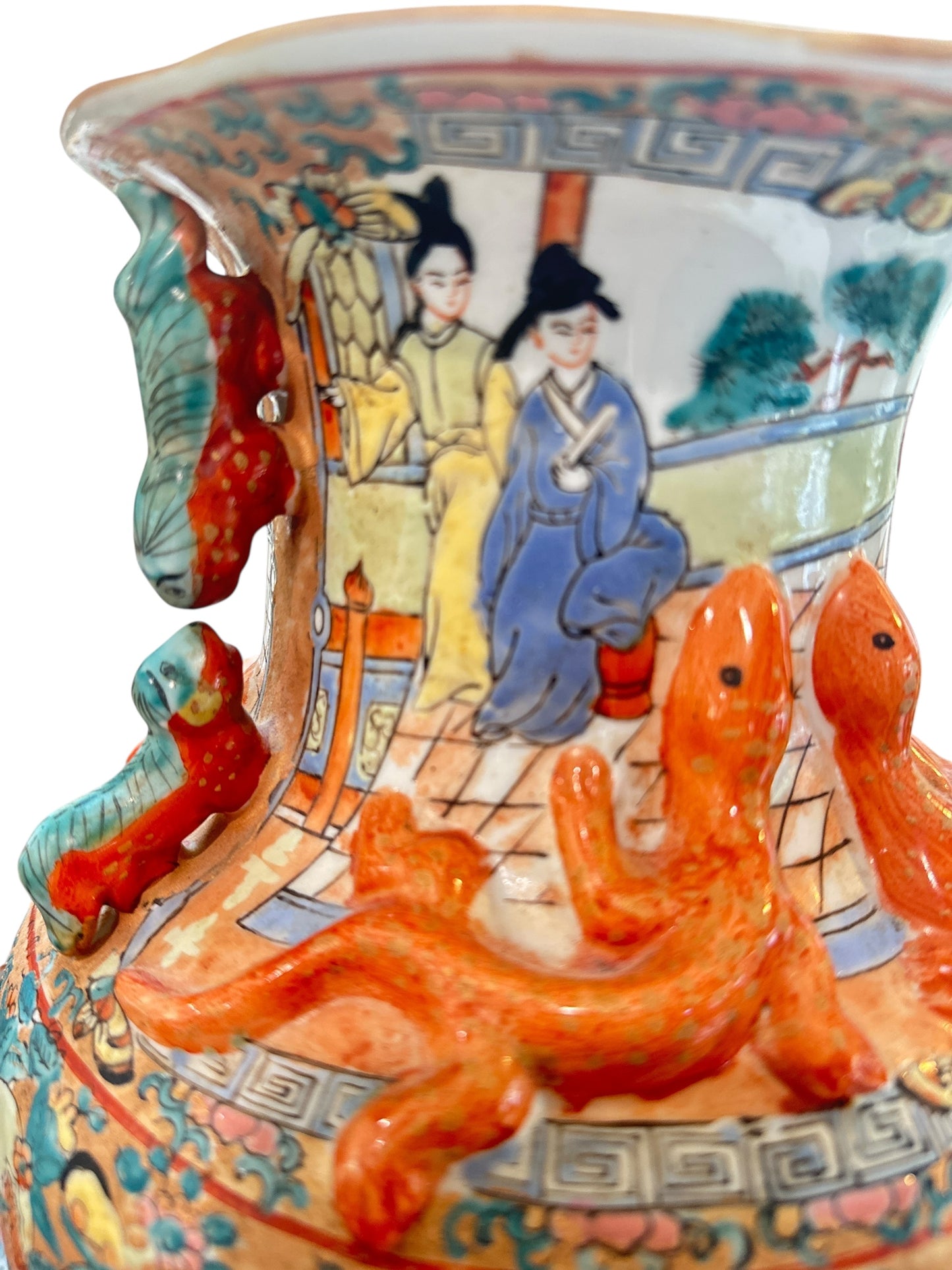 Pair of Vintage Chinese Famille Rose Porcelain Lamps with Figural Foo Dog Handles