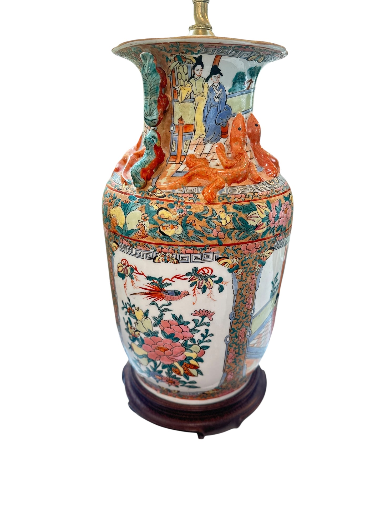Pair of Vintage Chinese Famille Rose Porcelain Lamps with Figural Foo Dog Handles