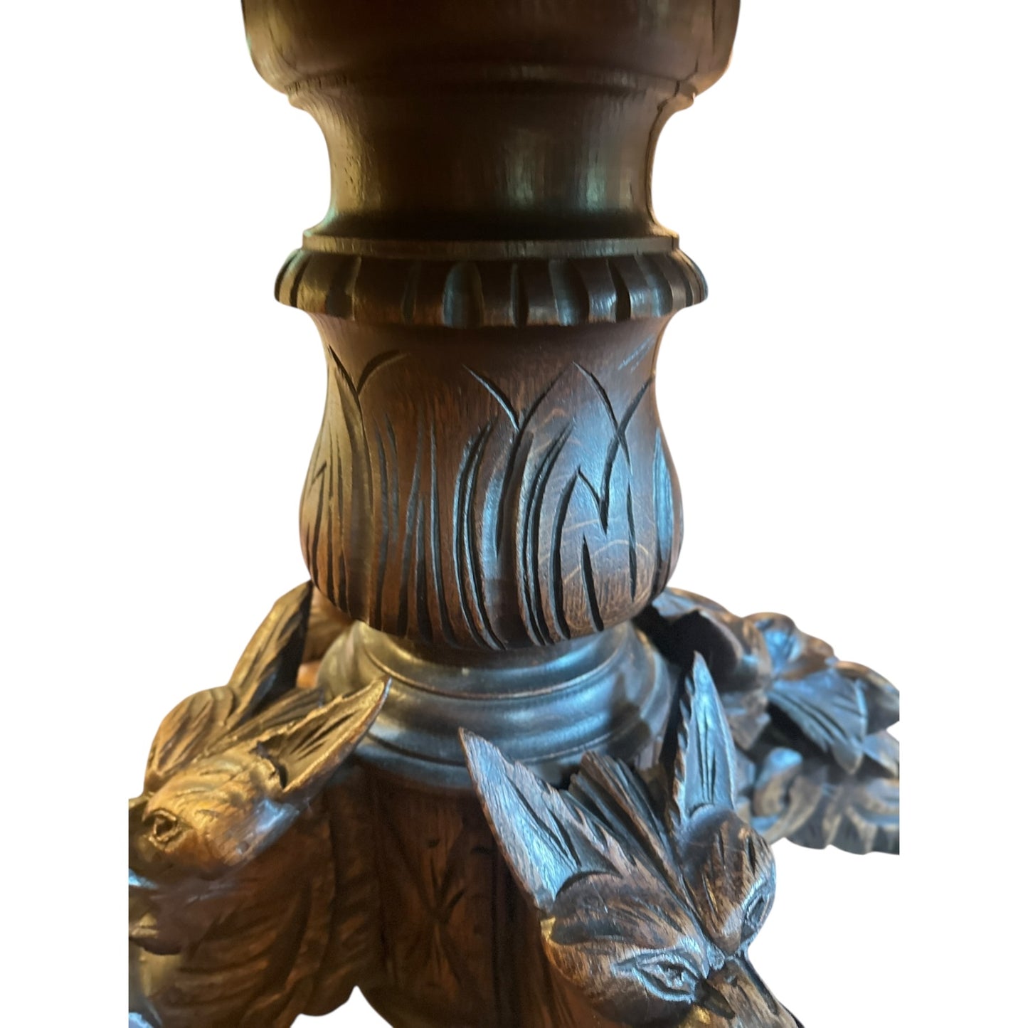 Antique Carved Oak Round Pedestal Table with Fox & Foliage Motif
