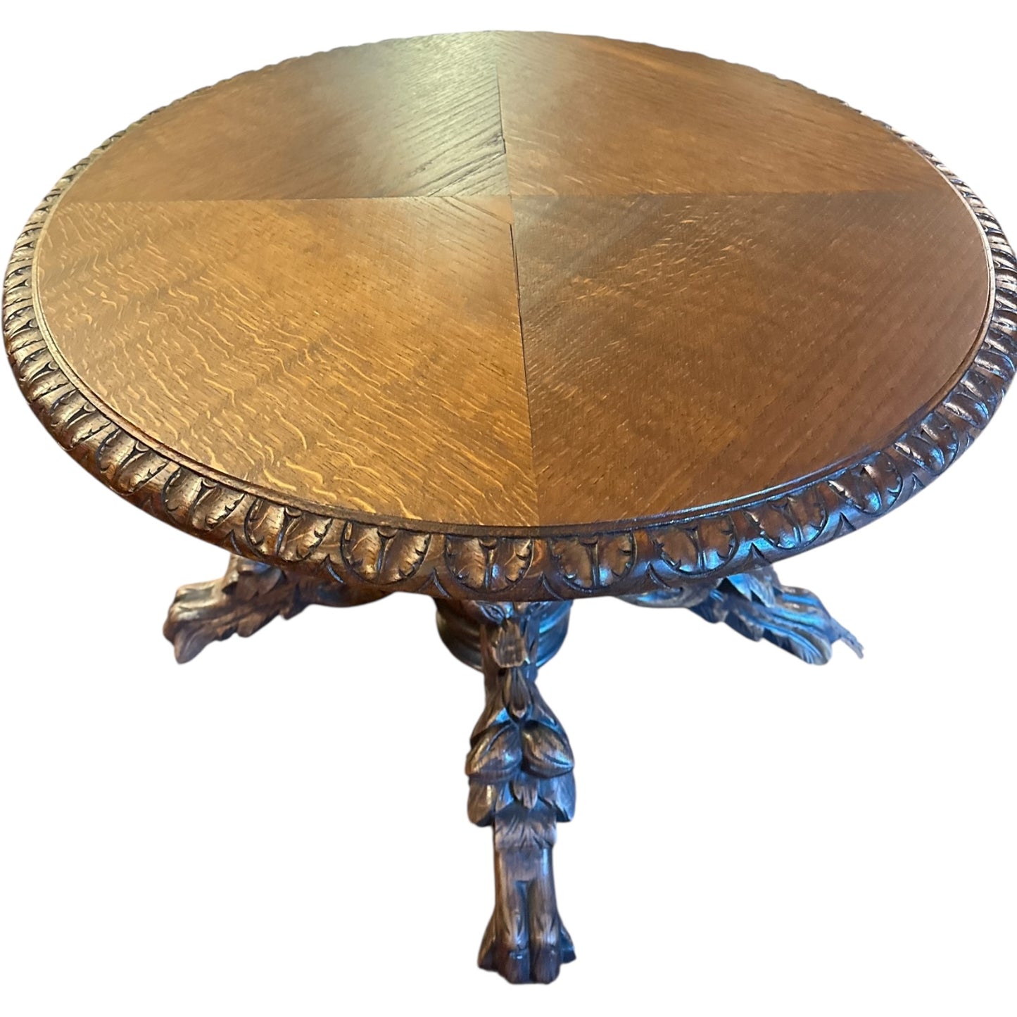 Antique Carved Oak Round Pedestal Table with Fox & Foliage Motif
