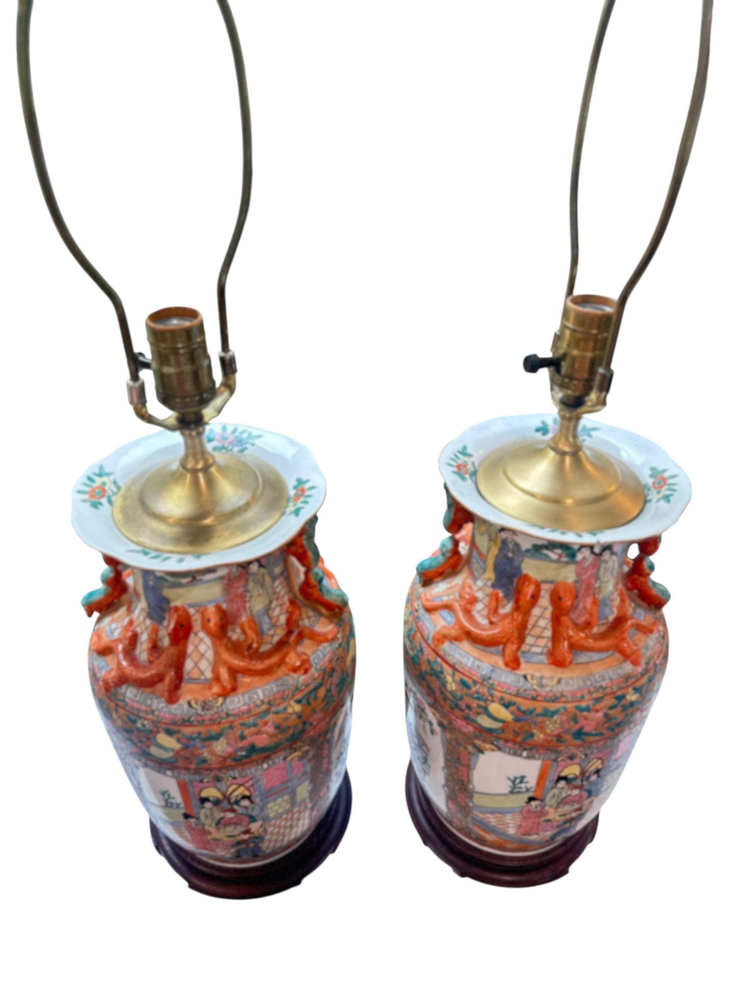 Pair of Vintage Chinese Famille Rose Porcelain Lamps with Figural Foo Dog Handles