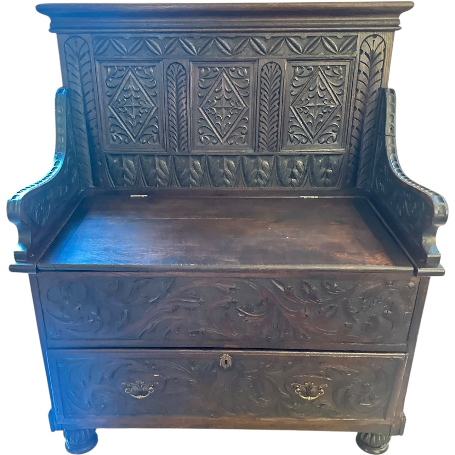 Antique Hand-Carved Oak Hall Bench with Storage – English Gothic Revival