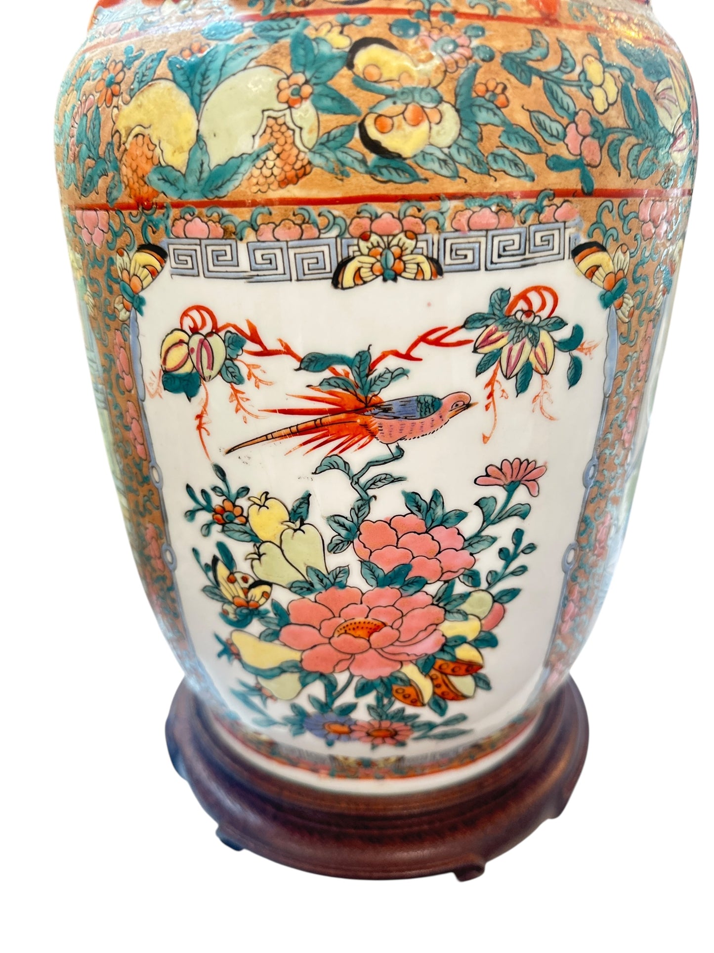 Pair of Vintage Chinese Famille Rose Porcelain Lamps with Figural Foo Dog Handles
