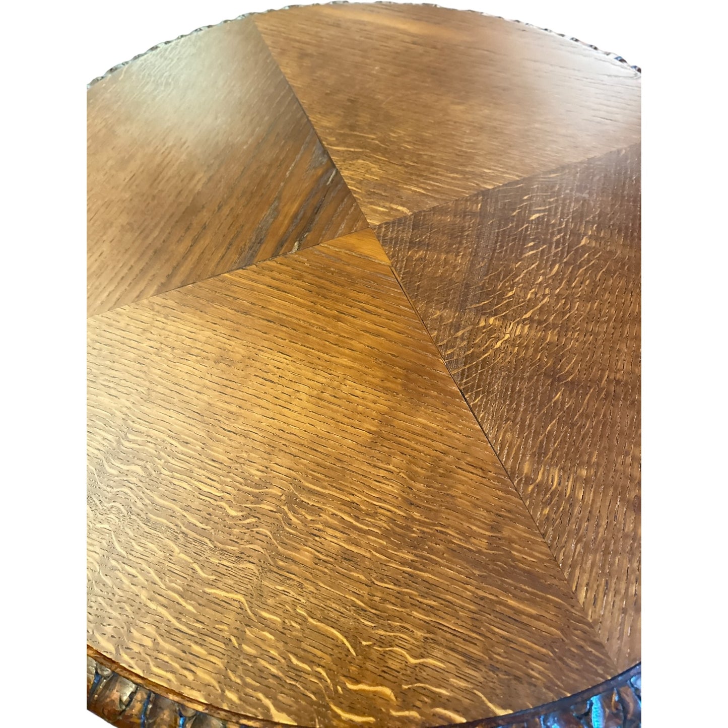 Antique Carved Oak Round Pedestal Table with Fox & Foliage Motif