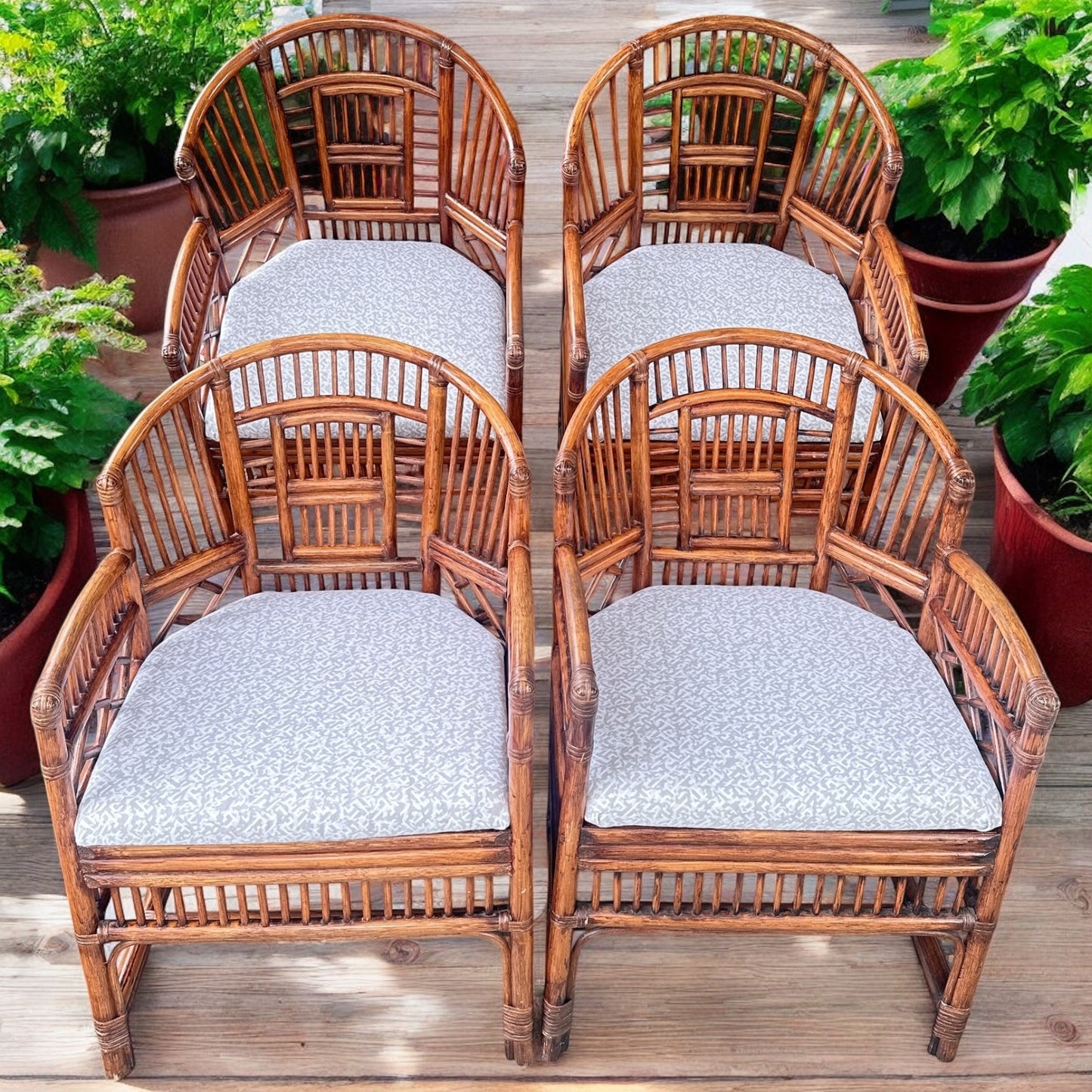 Set of 4 Brighton Pavilion Rattan Barrel Back Armchairs with New Upholstered Cushions