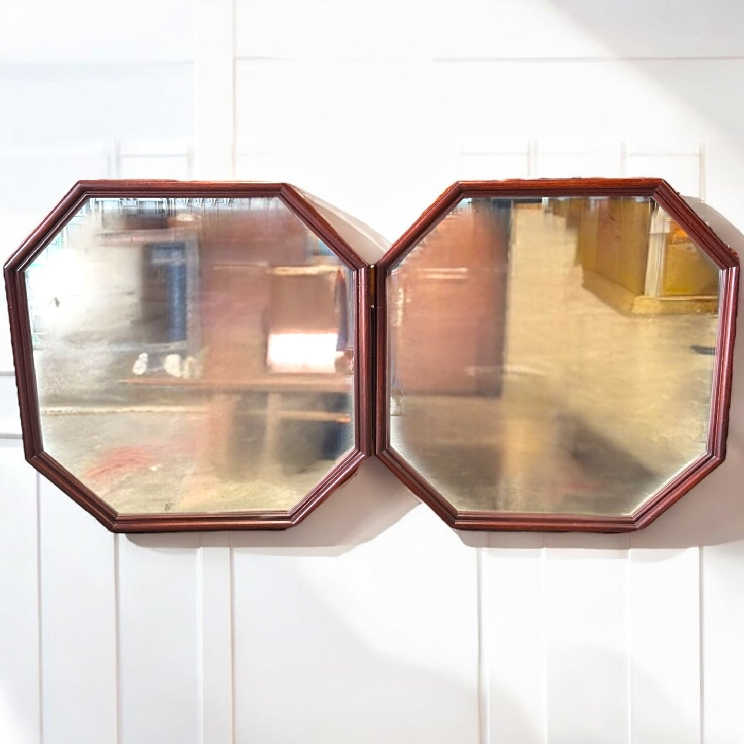 Pair of Large Octagonal Wood-Framed Art Deco Wall Mirrors