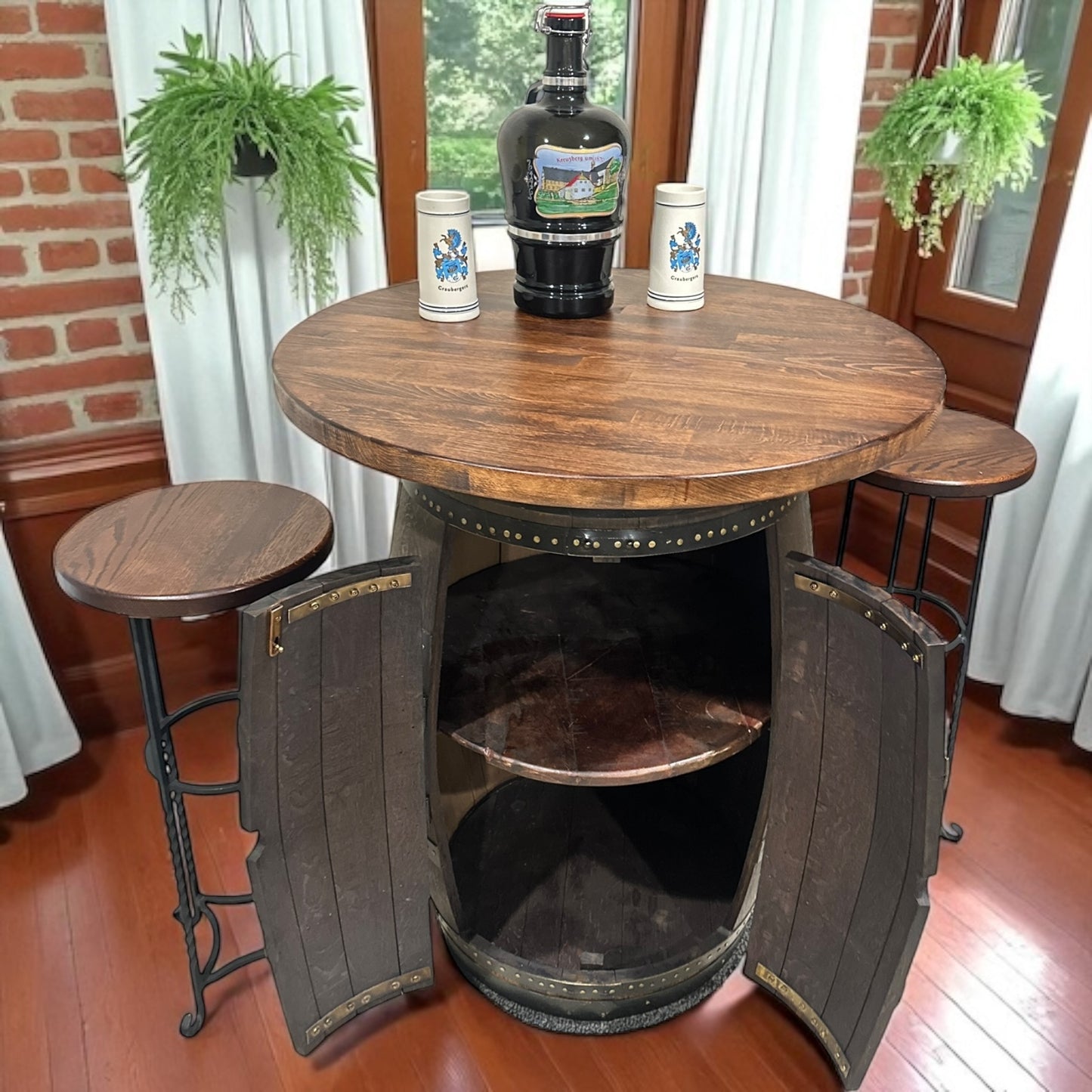 Antique Bordeaux Wine Barrel Table with Stools & Hidden Storage