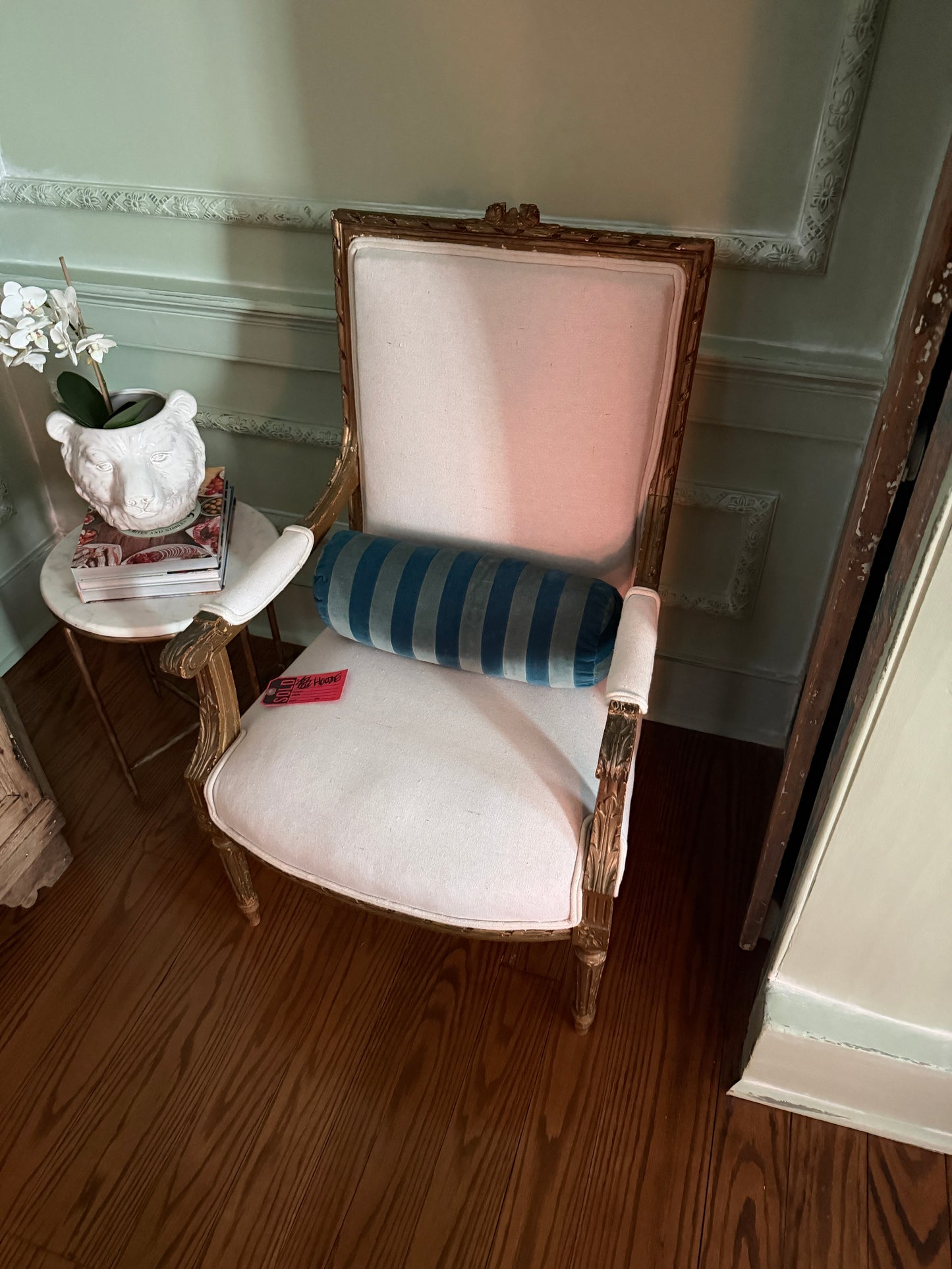 Pair of Antique French Carved Armchairs with Ivory Upholstery