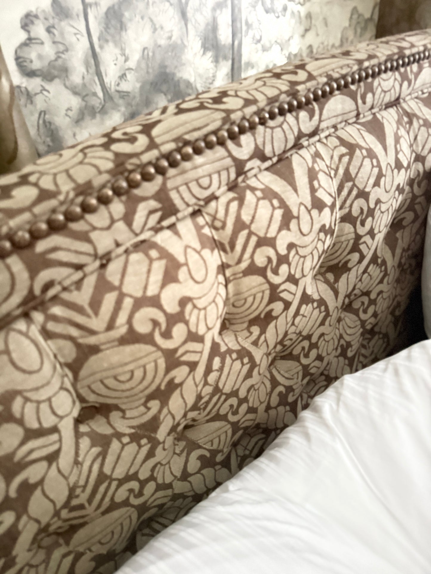 Custom Fortuny Fabric Upholstered California King Bedframe
