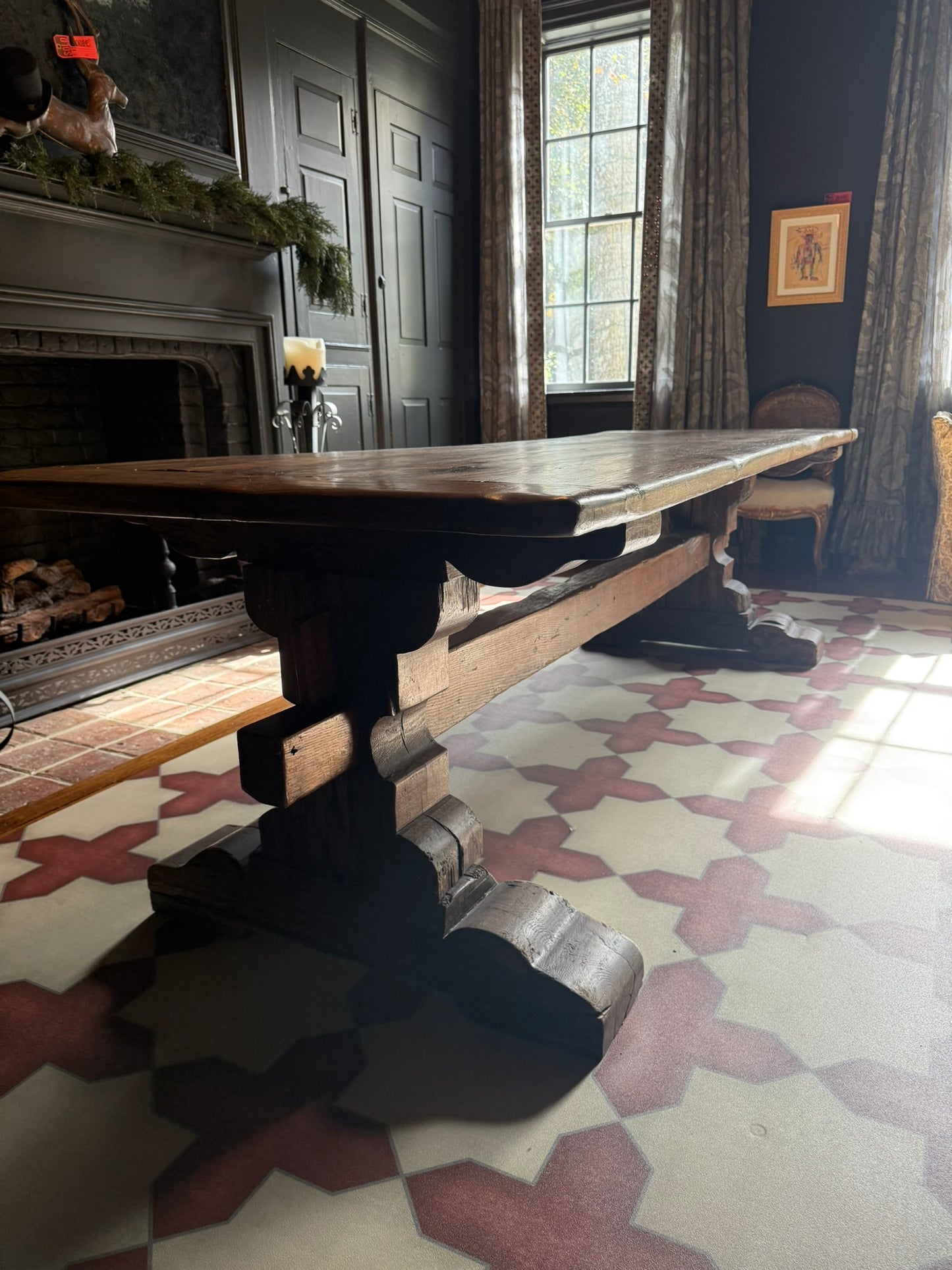 Antique Italian Trestle Dining Table – Hand-Carved Solid Hardwood