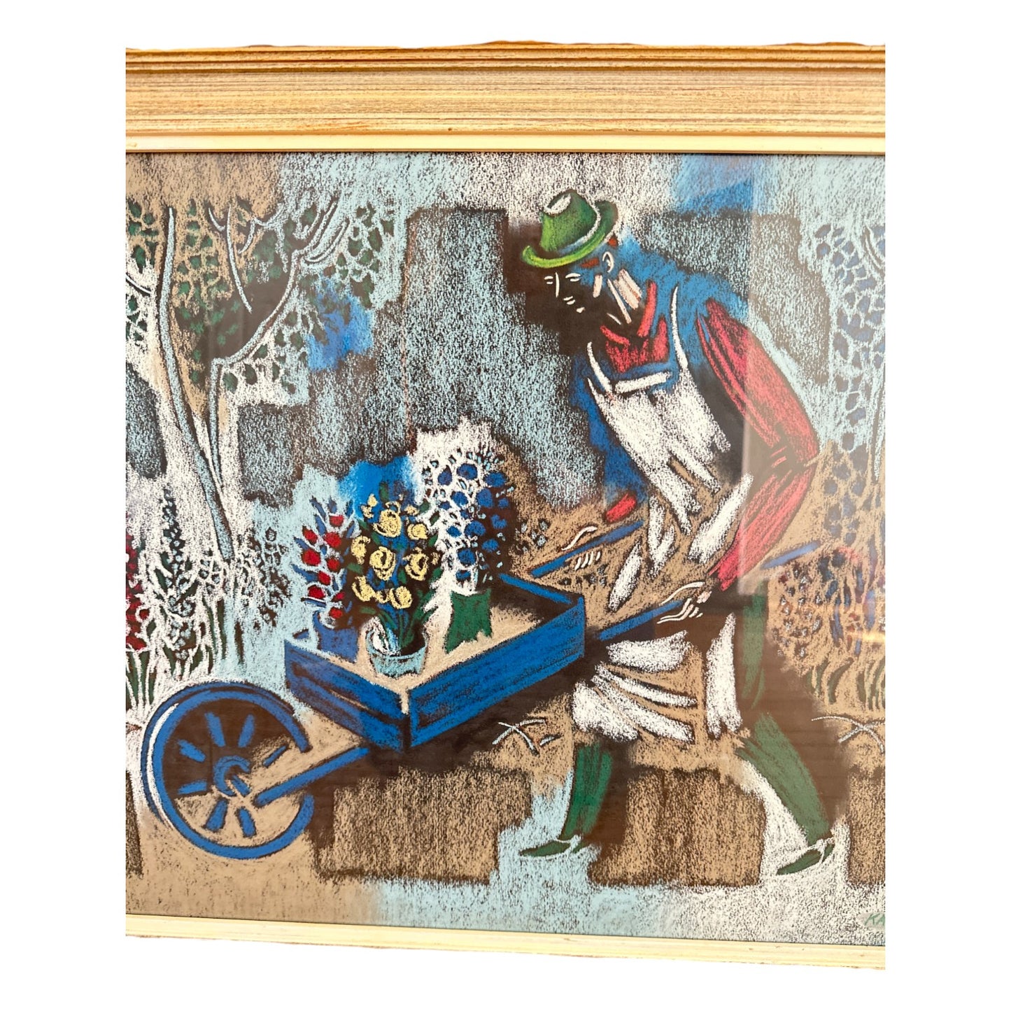 Mid-Century Oil Painting of Man with Wheelbarrow