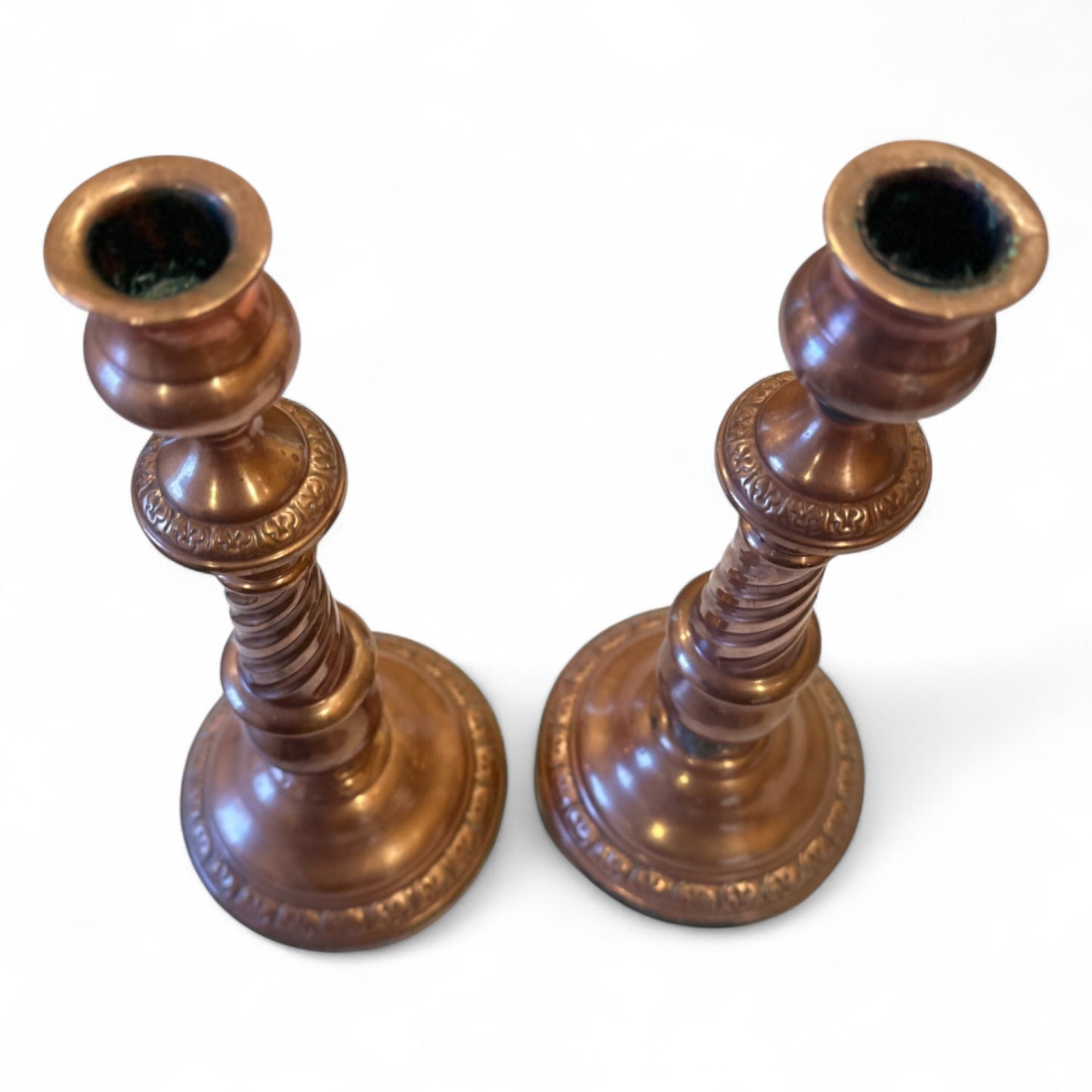 Pair of Large Copper Twisted Candlesticks