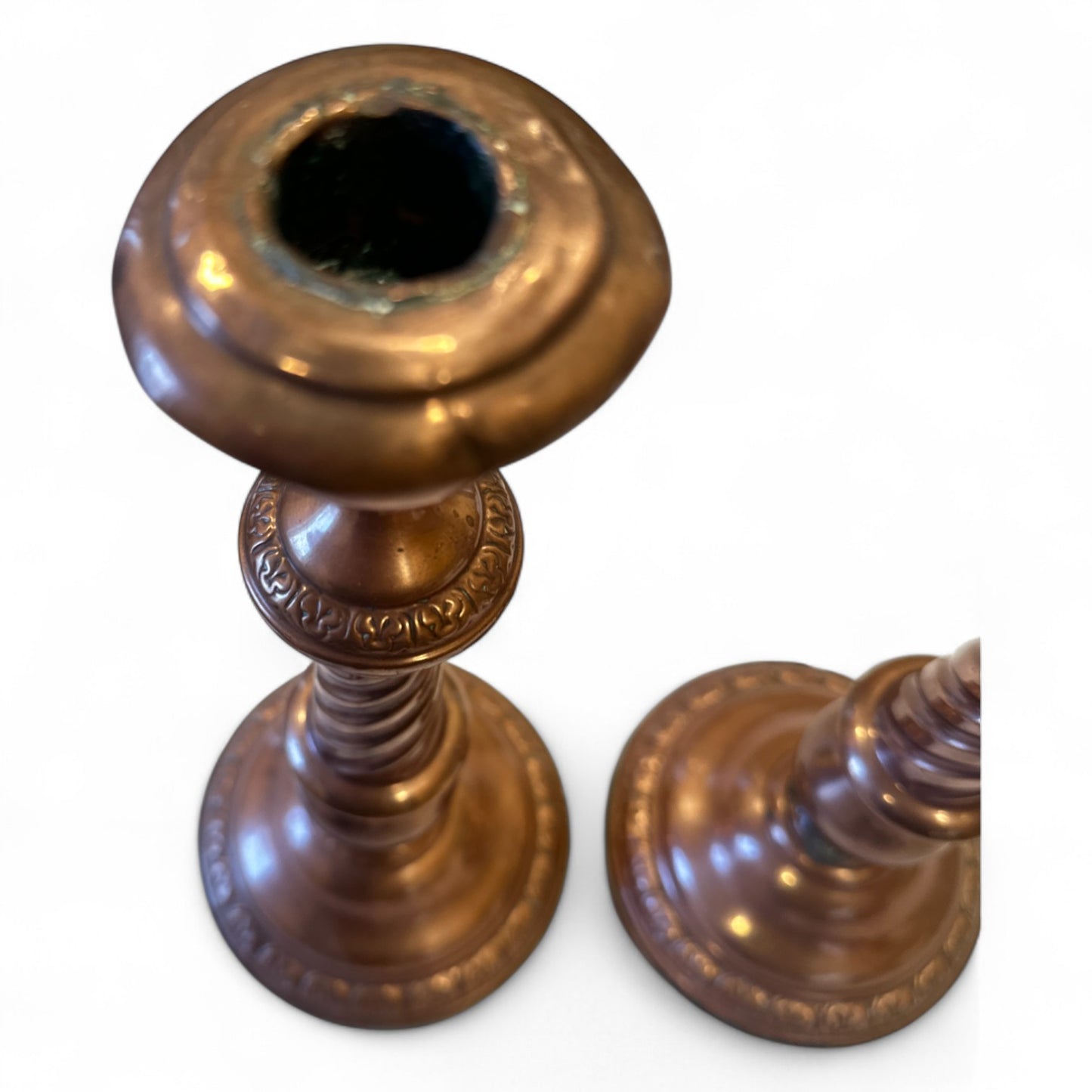 Pair of Large Copper Twisted Candlesticks