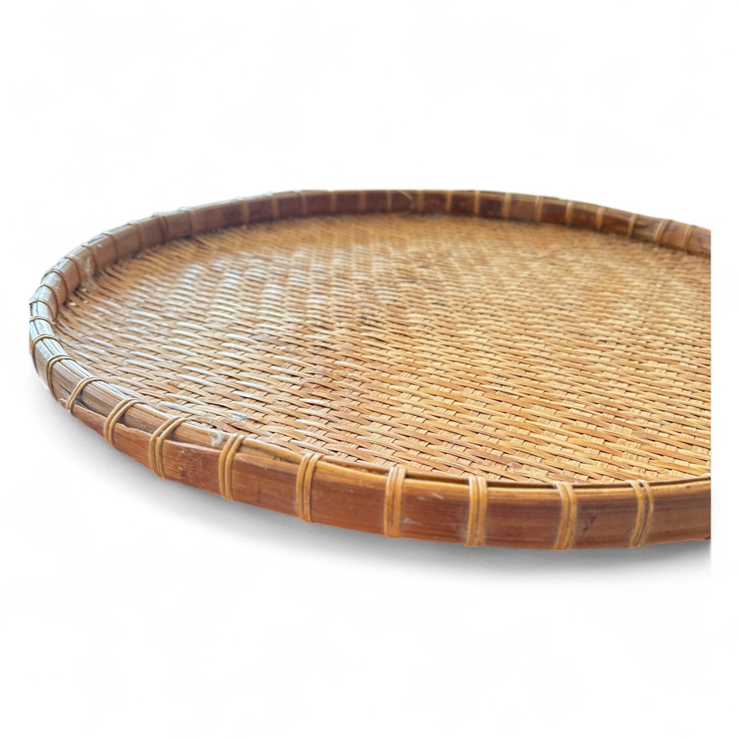 Large Round Vintage Bamboo Woven Tray