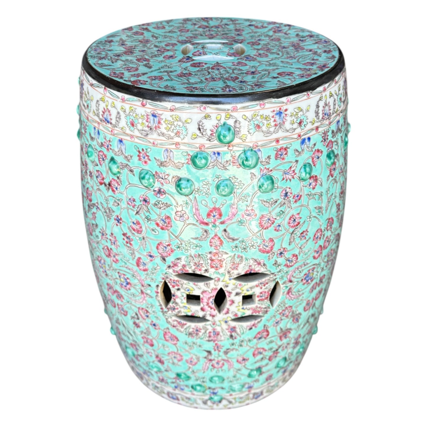 Aqua Floral Chinese Garden Stool