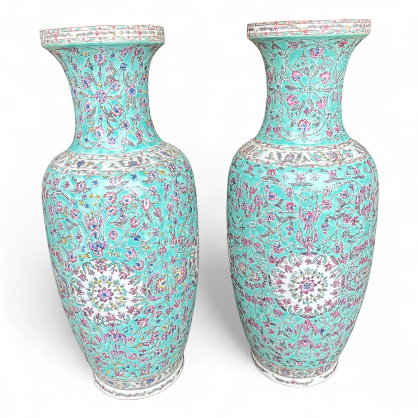 Pair of Large Aqua Floral Vases