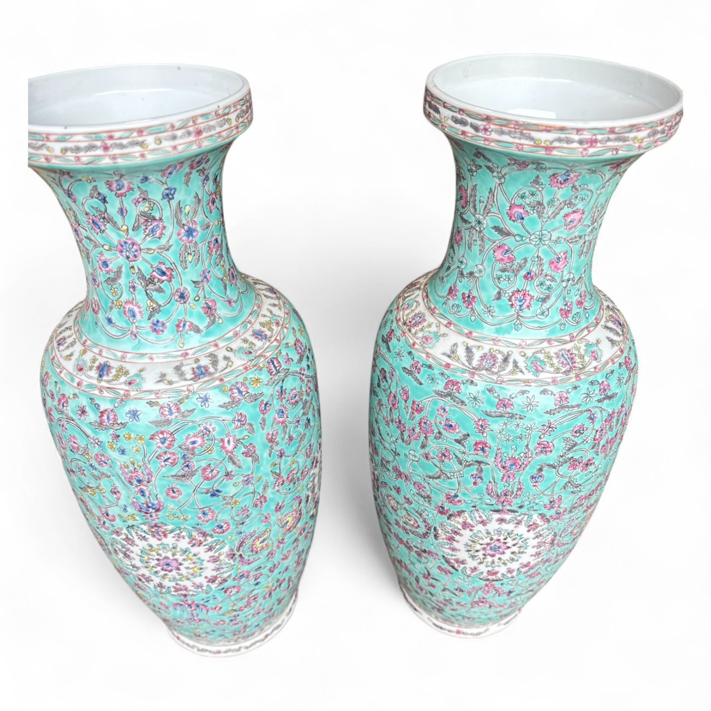 Pair of Large Aqua Floral Vases