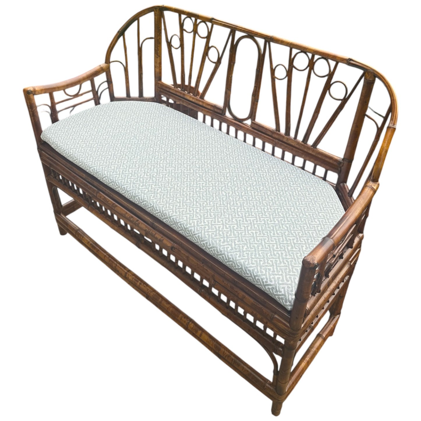 Vintage Burnt Bamboo Settee with Upholstered Seat