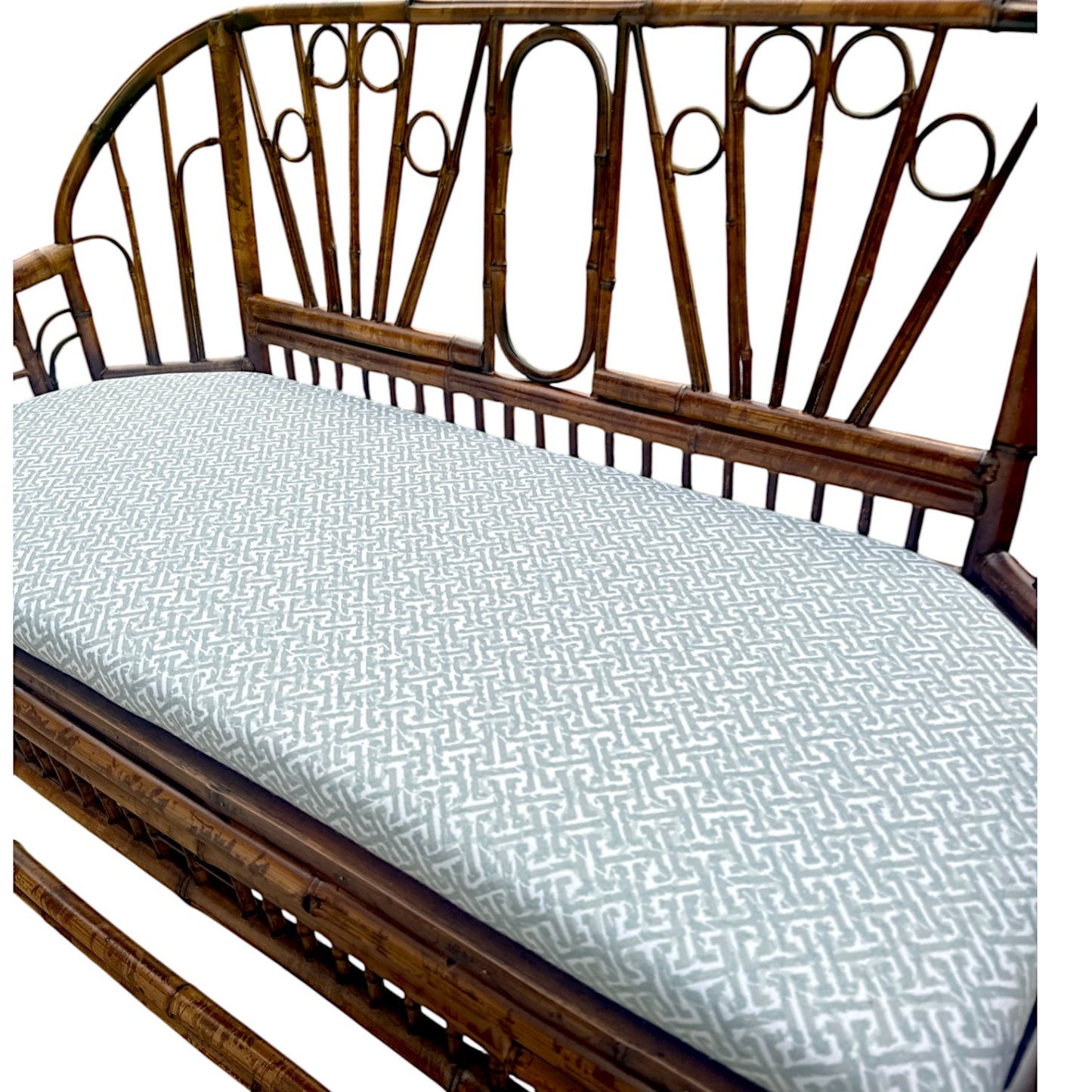 Vintage Burnt Bamboo Settee with Upholstered Seat