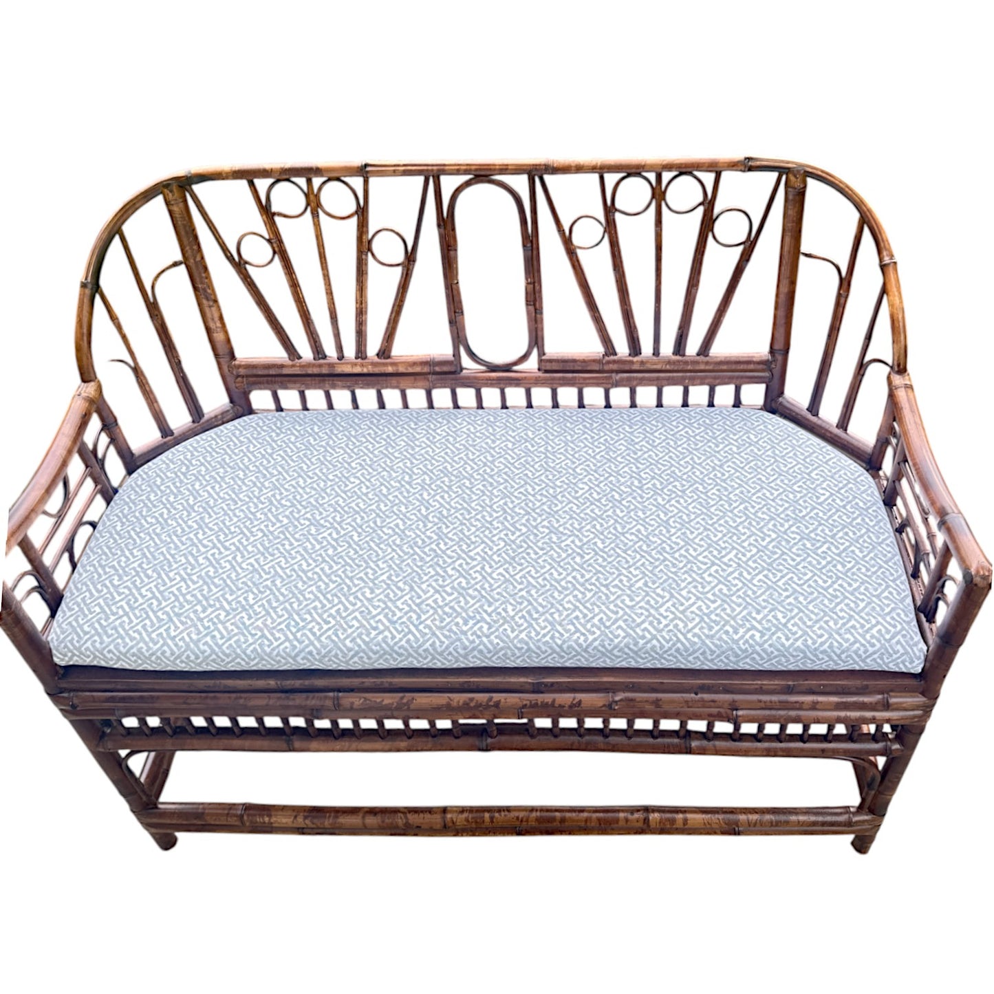 Vintage Burnt Bamboo Settee with Upholstered Seat