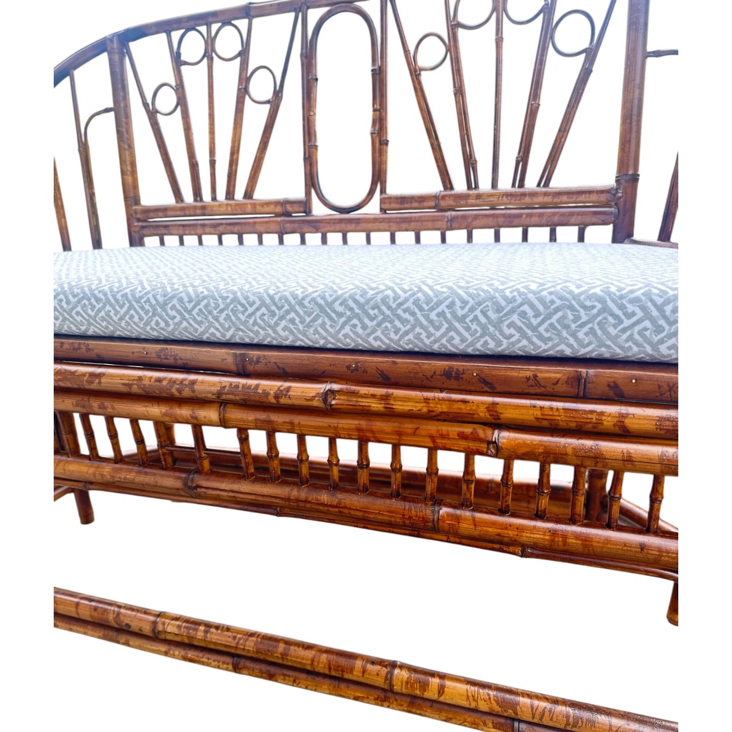 Vintage Burnt Bamboo Settee with Upholstered Seat