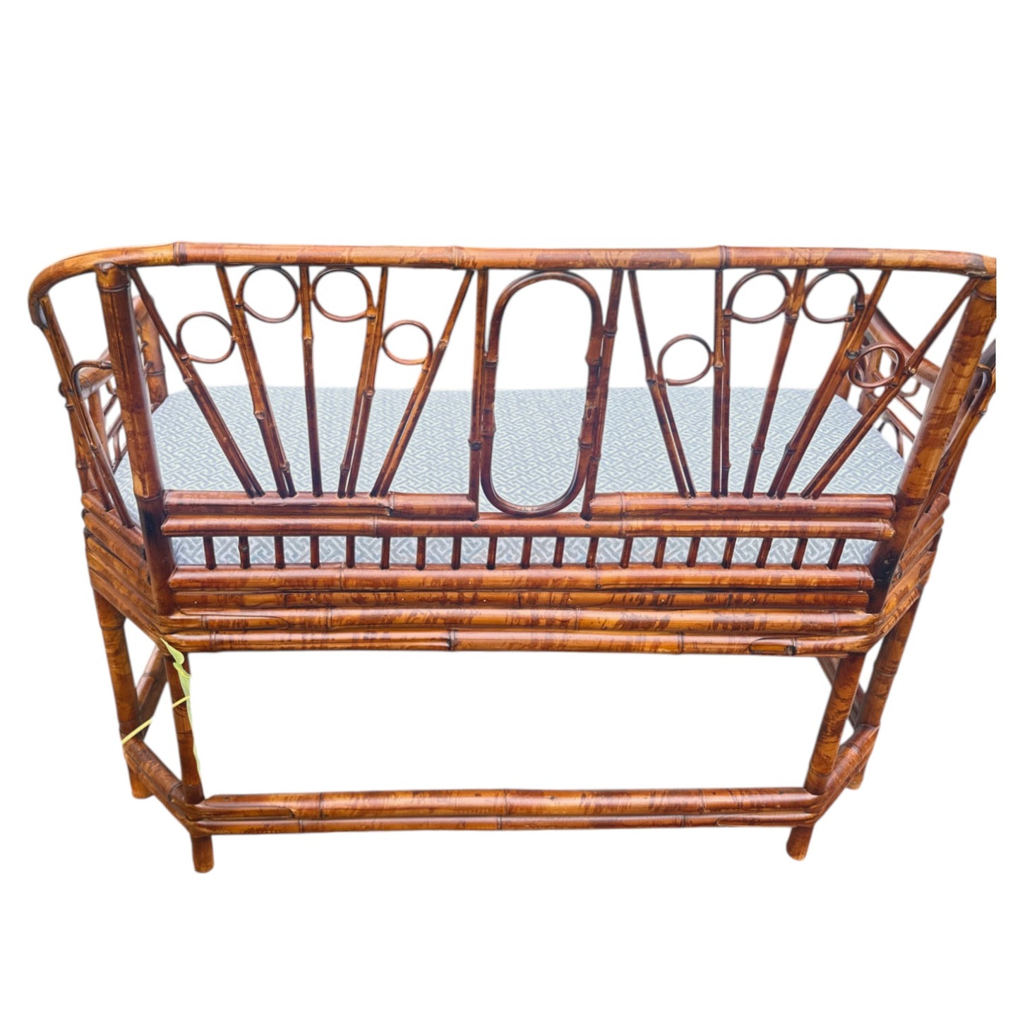 Vintage Burnt Bamboo Settee with Upholstered Seat