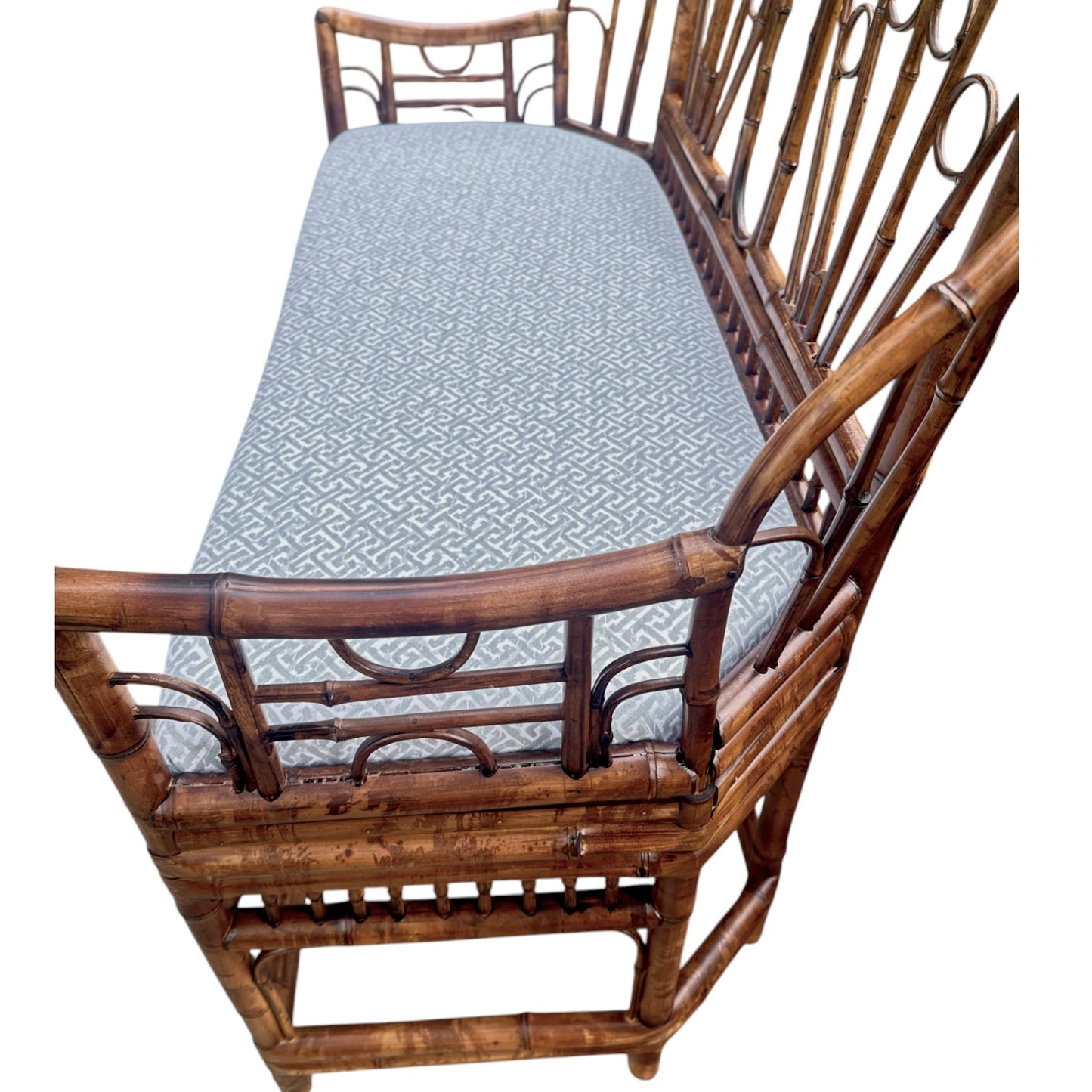 Vintage Burnt Bamboo Settee with Upholstered Seat