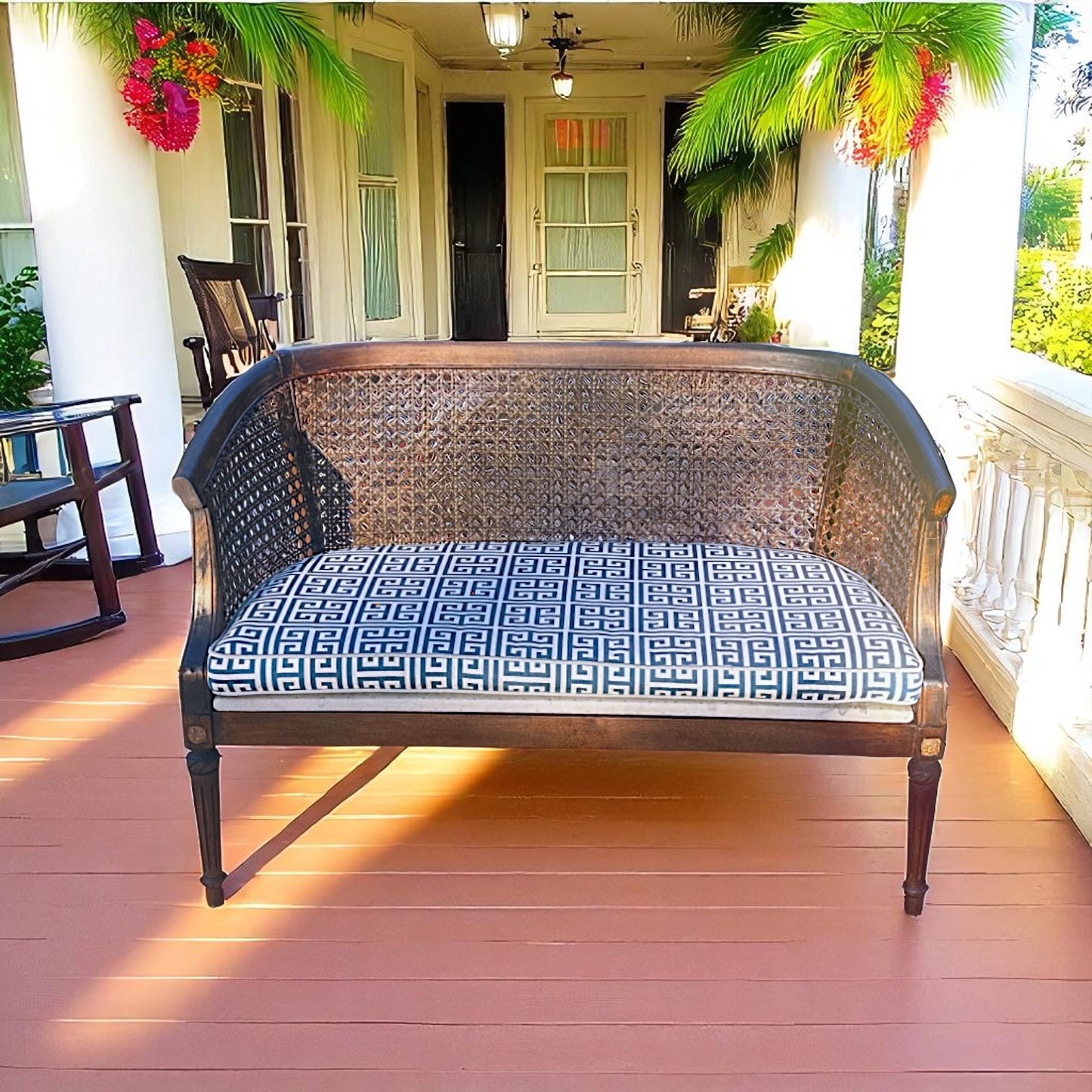 Vintage Caned Settee with Greek Key Cushion