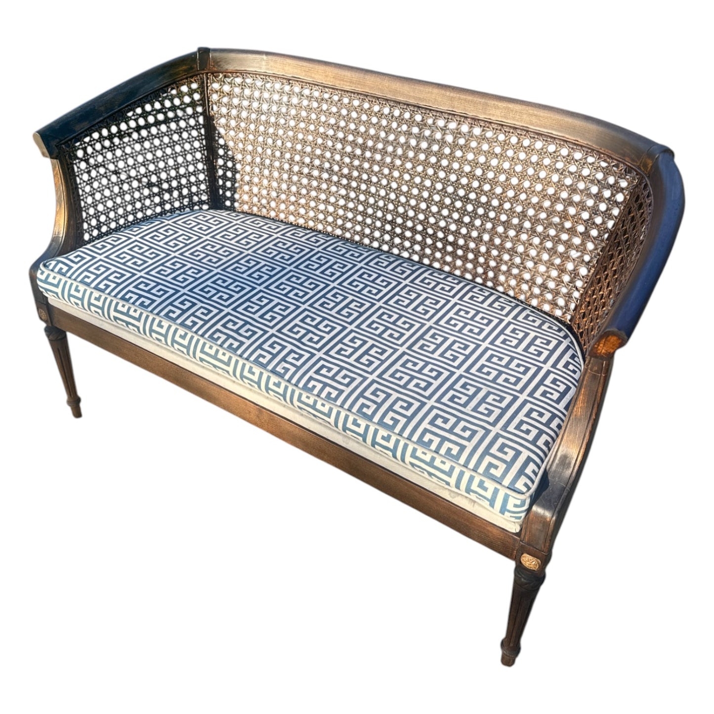 Vintage Caned Settee with Greek Key Cushion