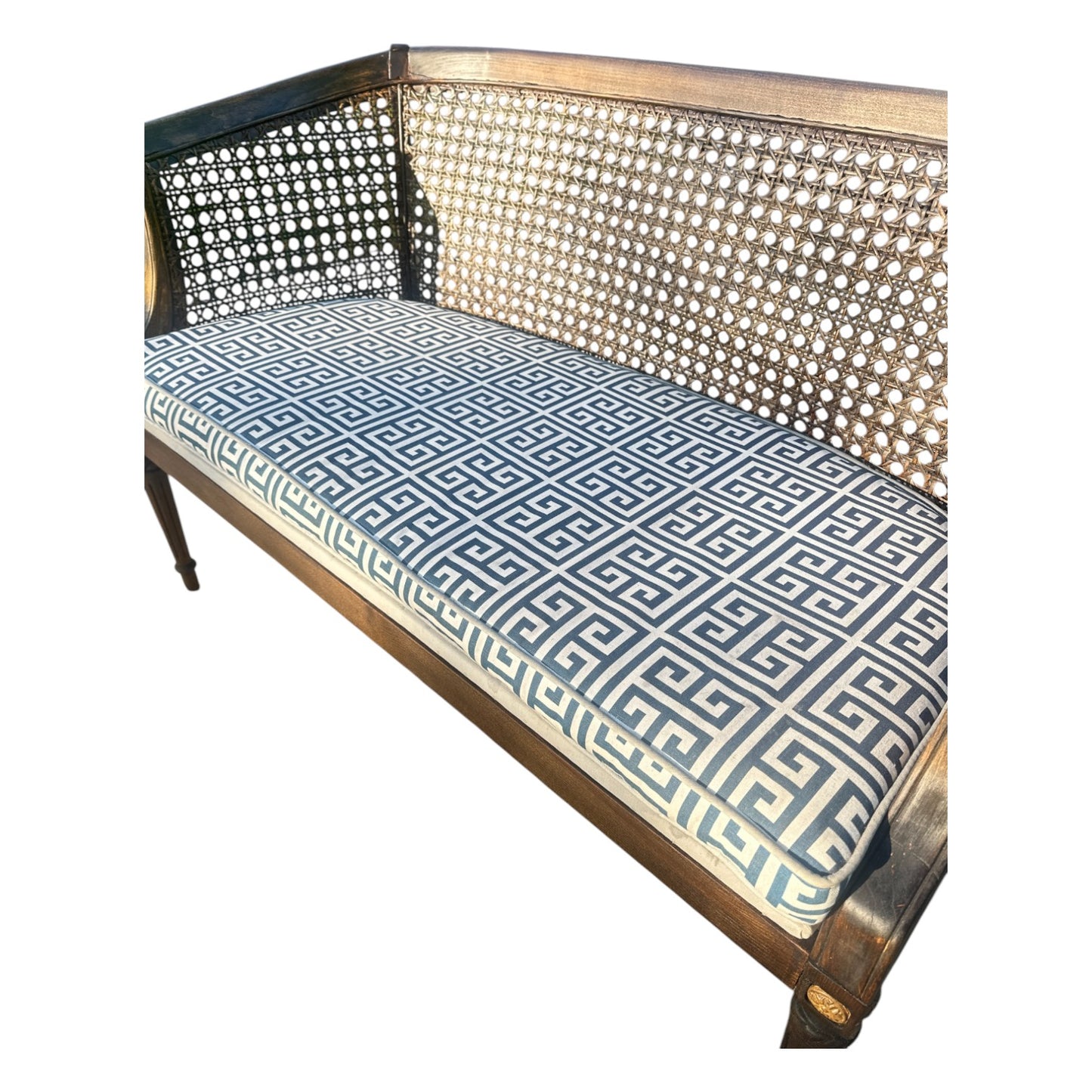 Vintage Caned Settee with Greek Key Cushion