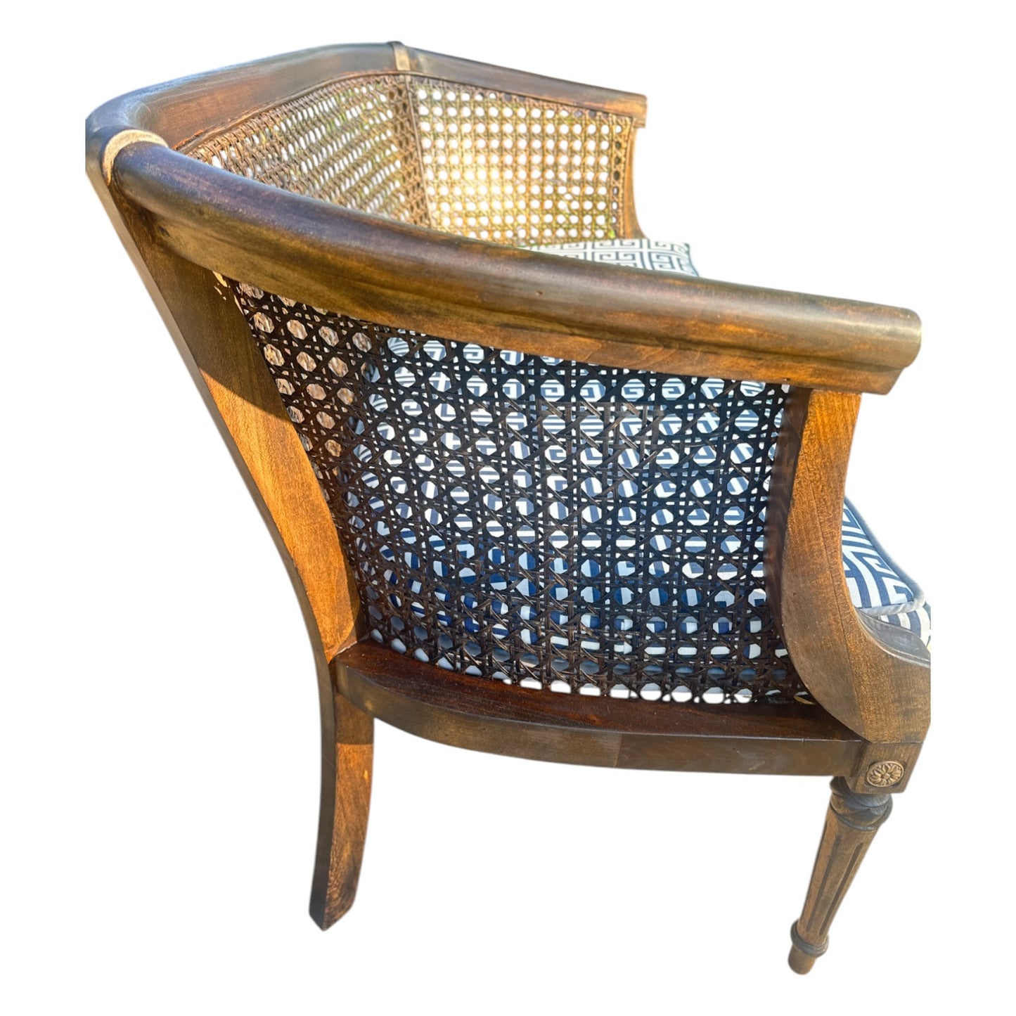 Vintage Caned Settee with Greek Key Cushion
