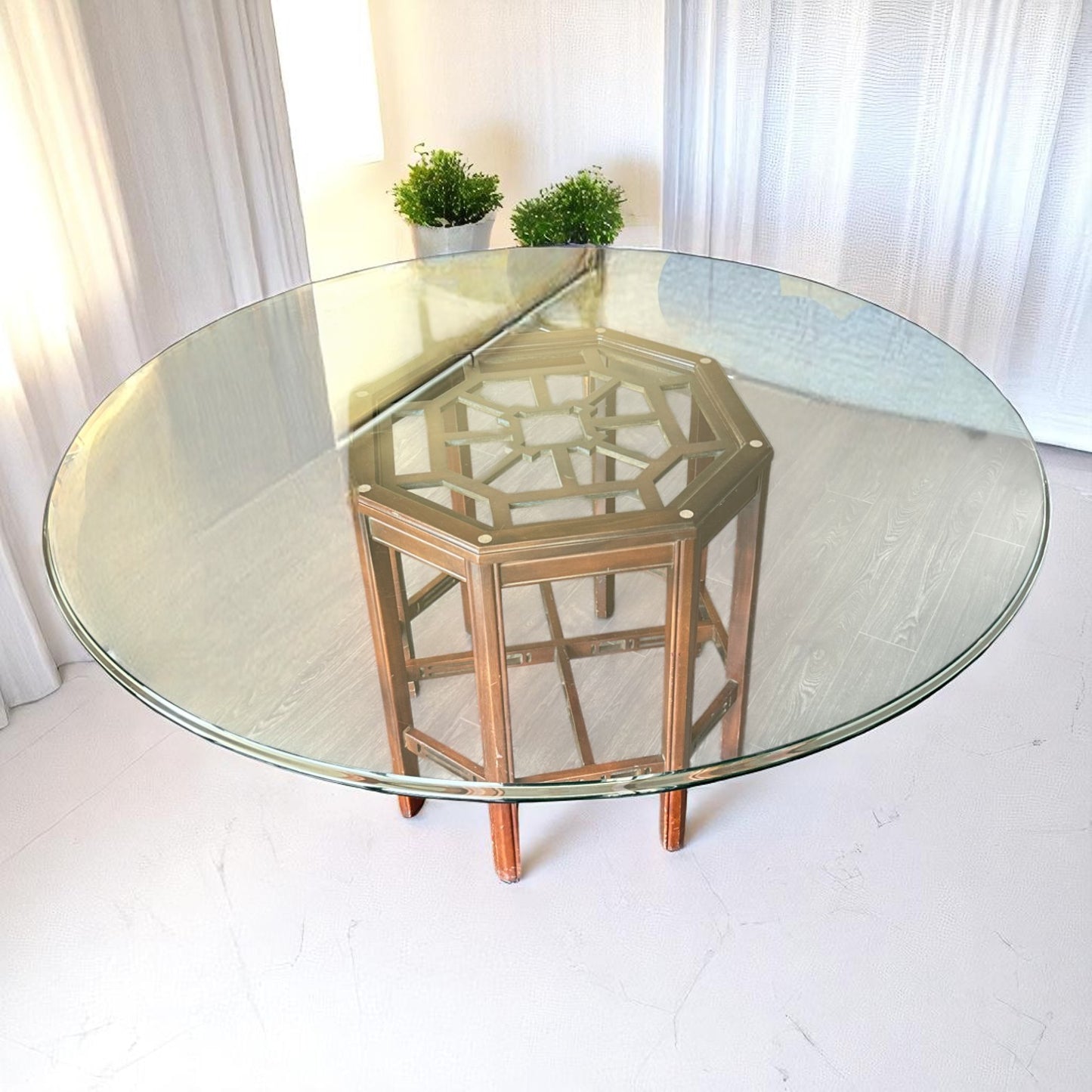 Chinoiserie Round Glass Dining Table with Octagonal Base