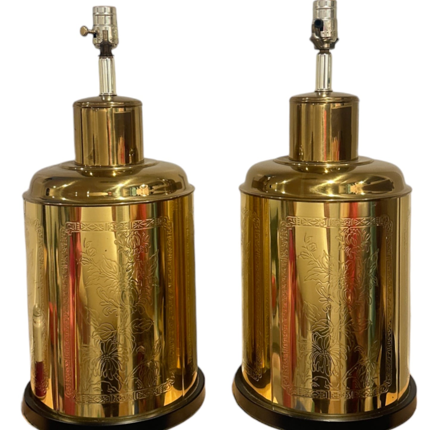Pair of Engraved Tin Brass Lamps