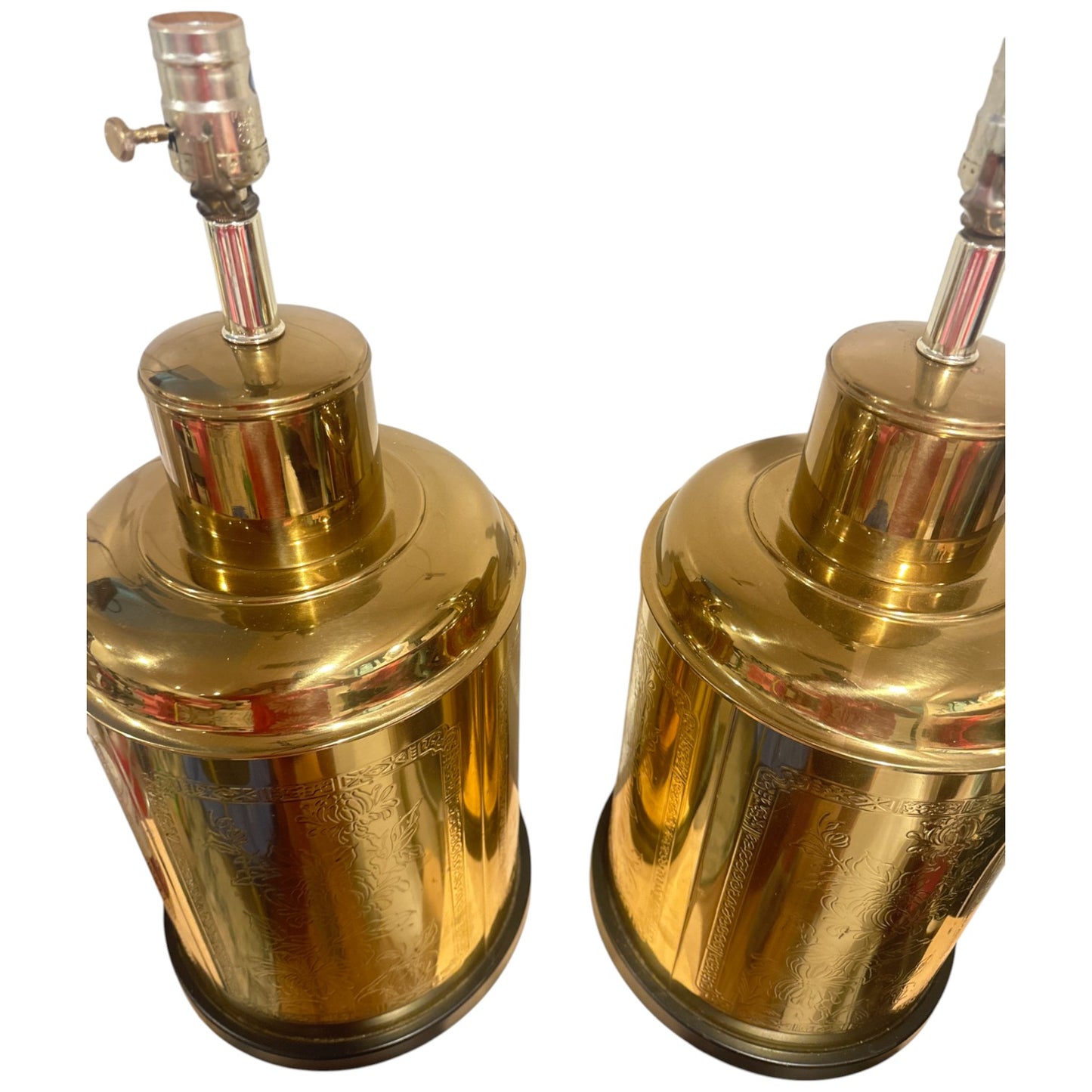 Pair of Engraved Tin Brass Lamps