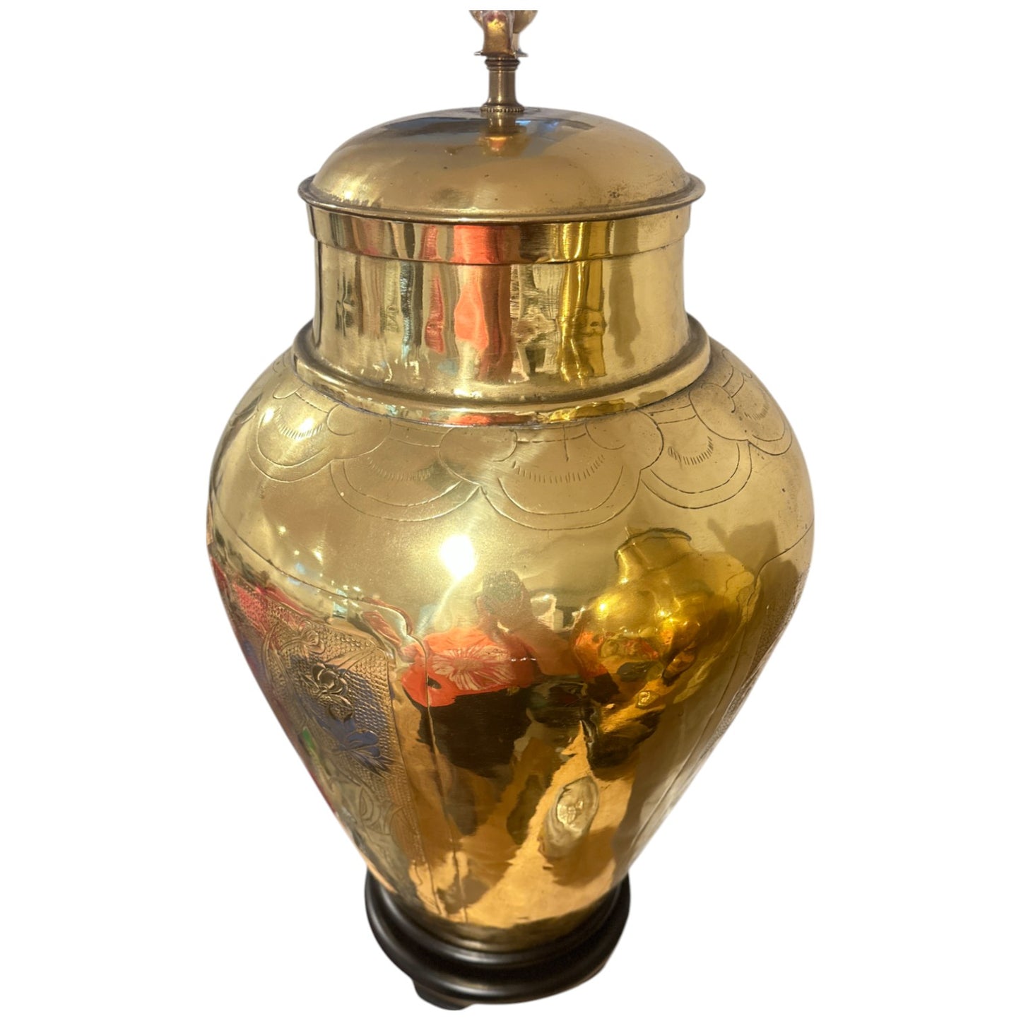 Pair of Antique Large Urn-Style Etched Brass Lamps