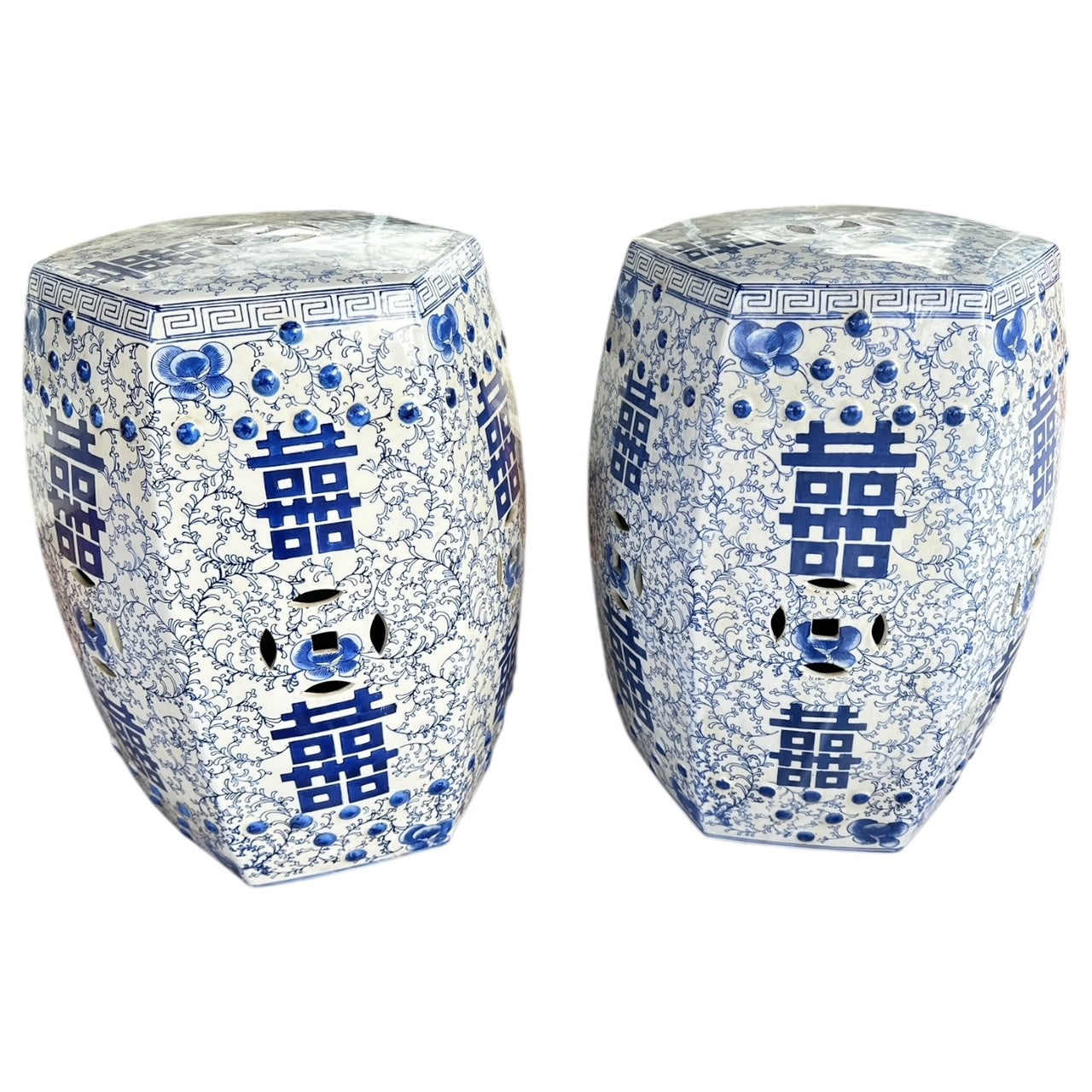Pair of Blue and White Double Happiness Garden Stools