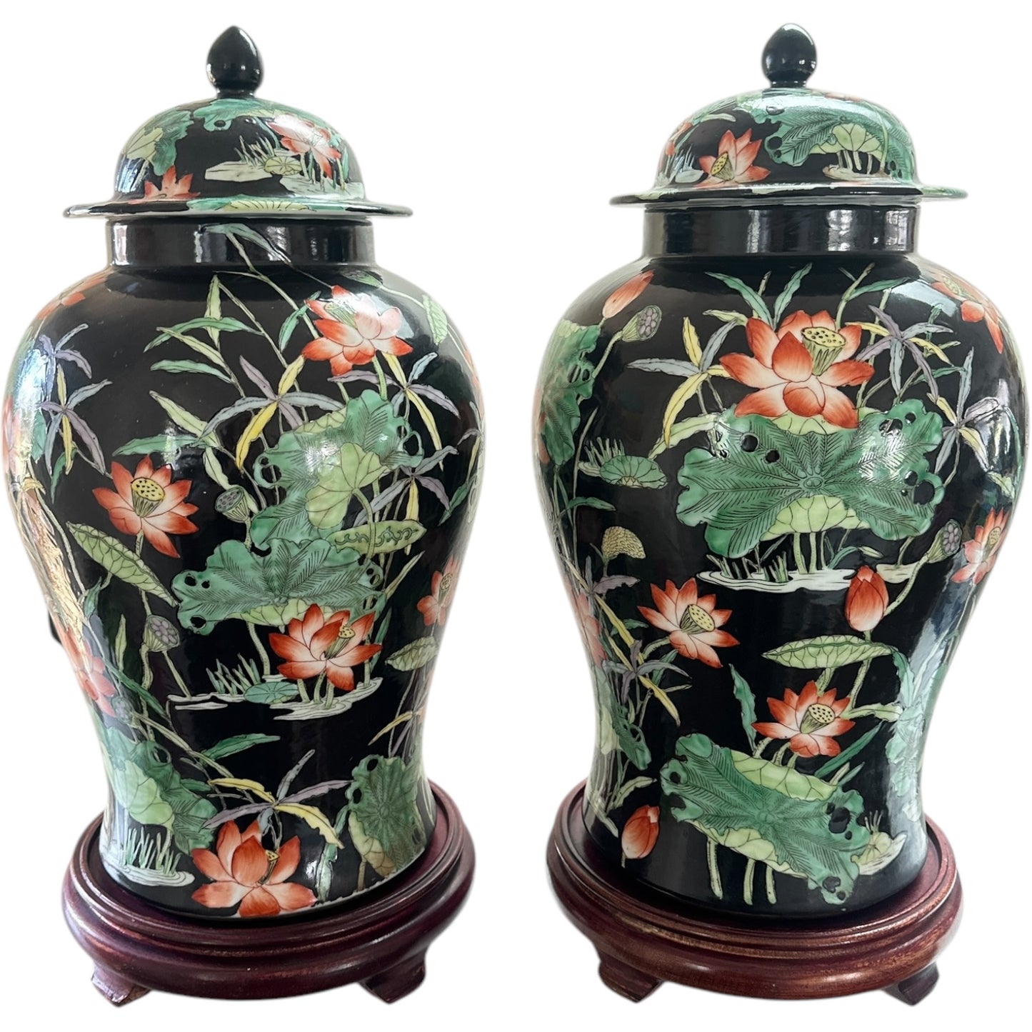 Pair of Famille Noire Chinese Temple Jars