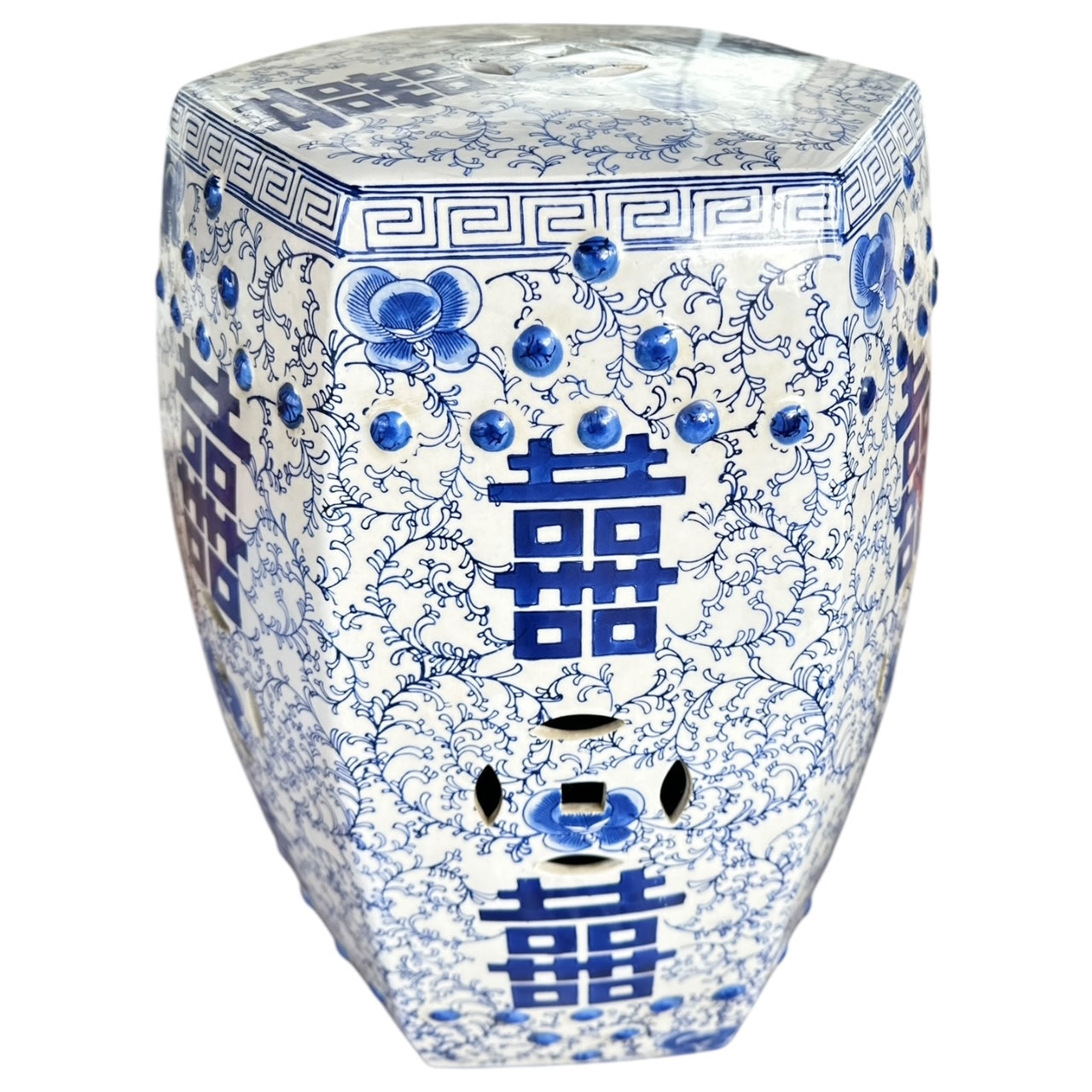Pair of Blue and White Double Happiness Garden Stools