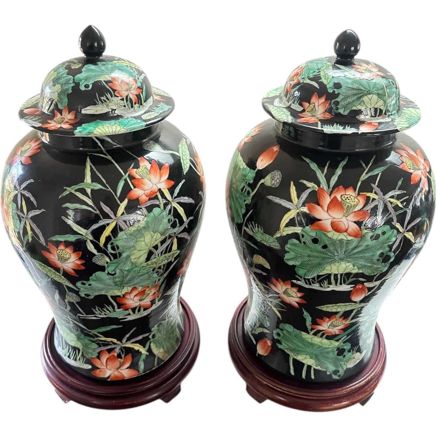 Pair of Famille Noire Chinese Temple Jars