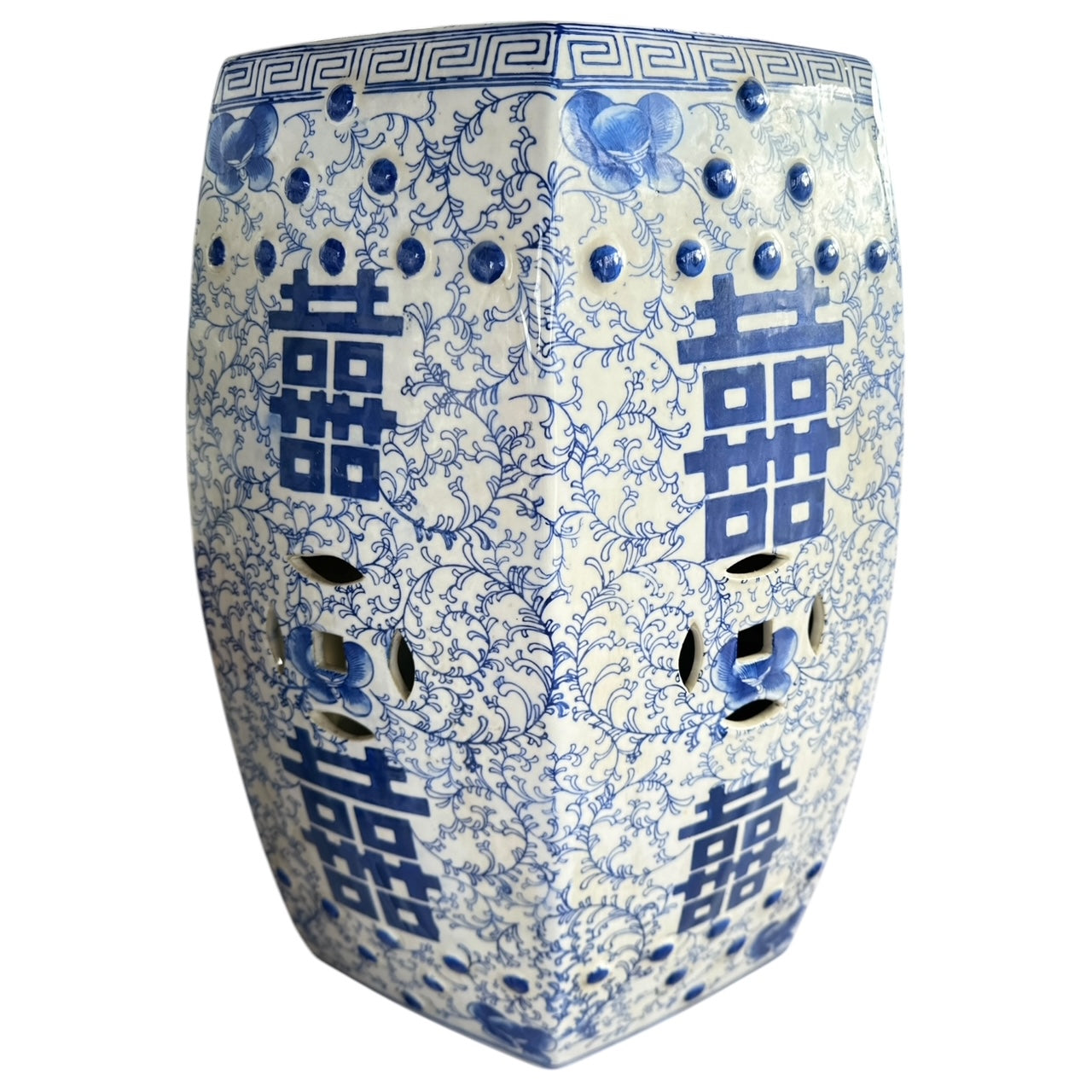Pair of Blue and White Double Happiness Garden Stools